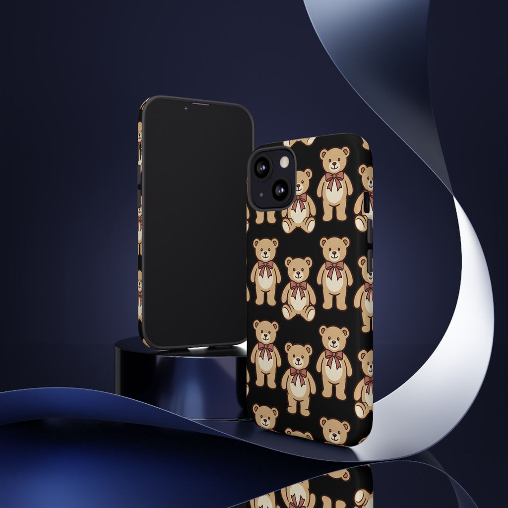 Teddy Bear Pattern Phone Case — Cute Vintage Ribbon Bears on Black