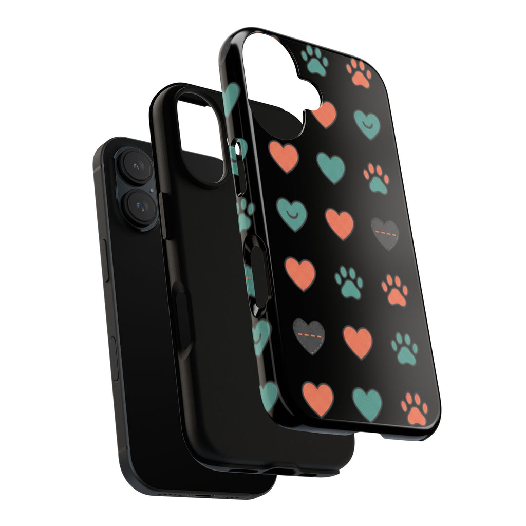 Phone Case — Cute Paw & Heart Pattern (Black Gloss)