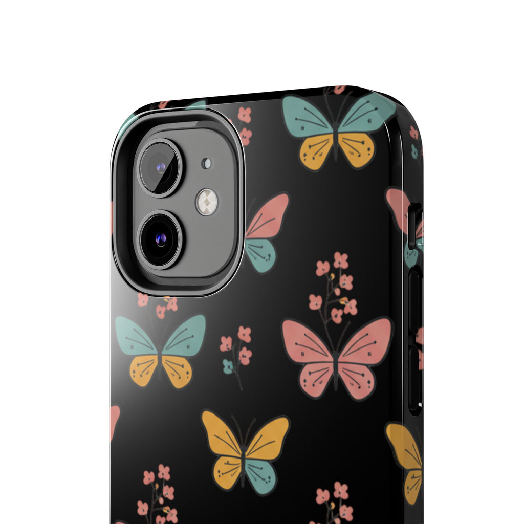 Butterfly Pattern Tough Phone Case — Pastel Butterflies on Black, Protective Floral Phone Cover