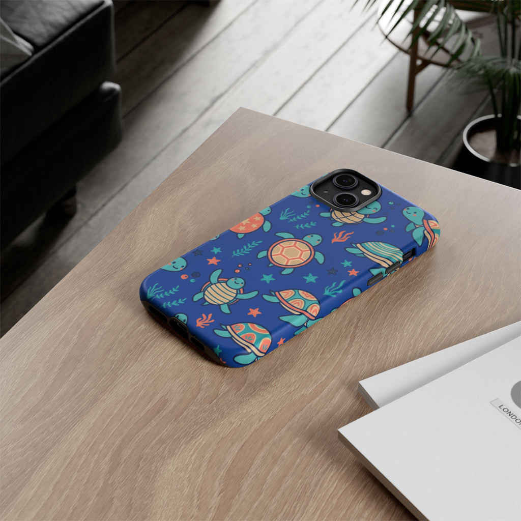Cute Sea Turtle Phone Case — Protective Tough Case with Blue Ocean Pattern