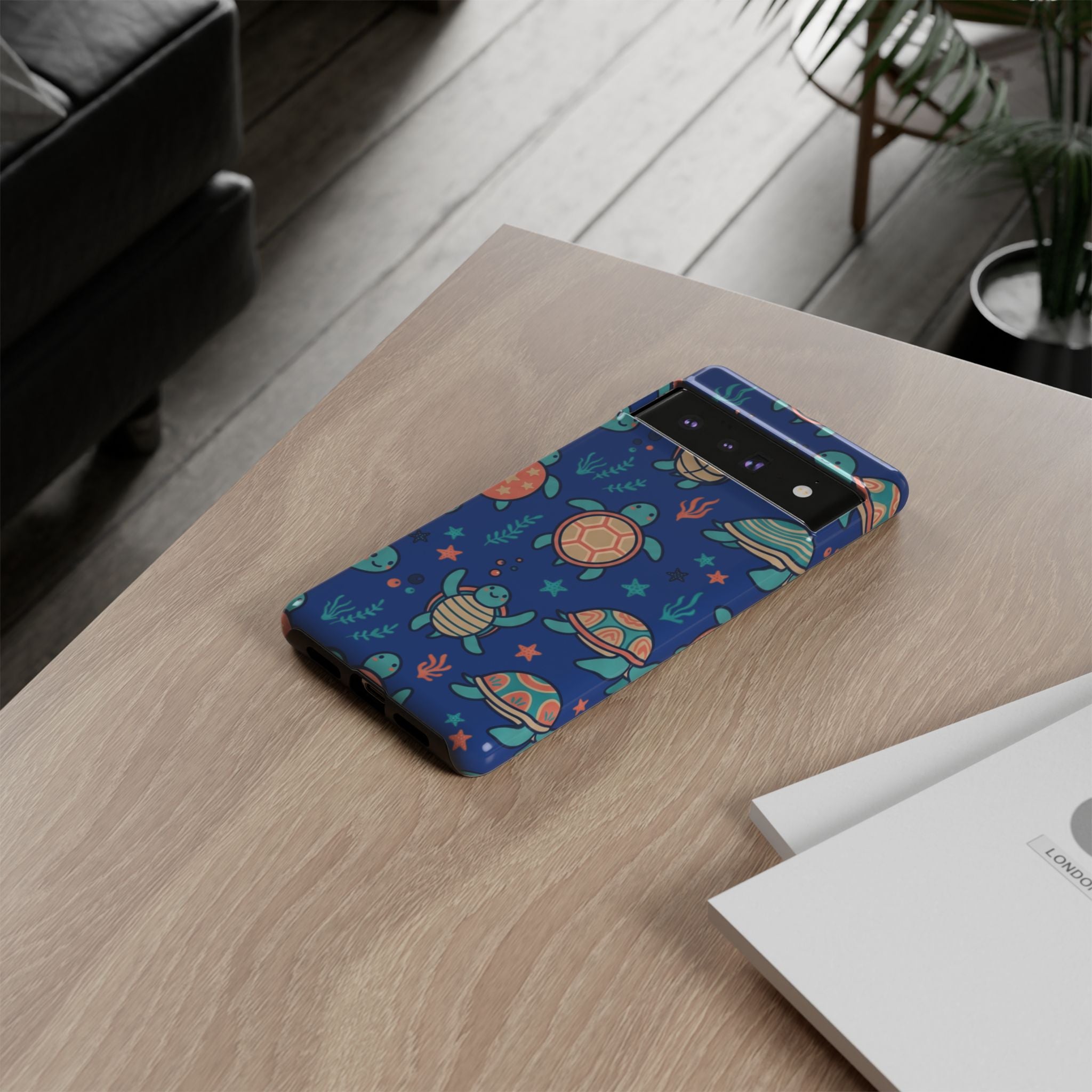 Cute Sea Turtle Phone Case — Protective Tough Case with Blue Ocean Pattern