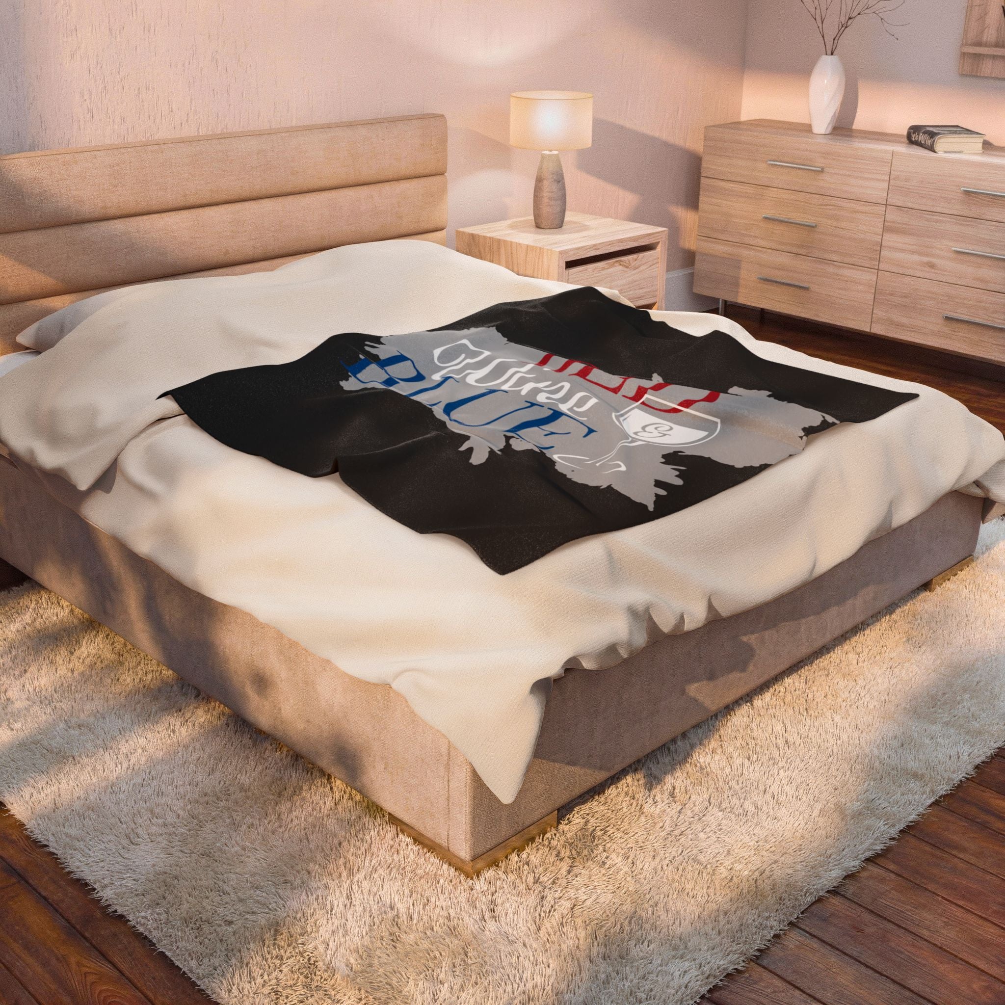Velveteen Plush Blanket — "Bed Wine & Blue" Graphic Throw Blanket