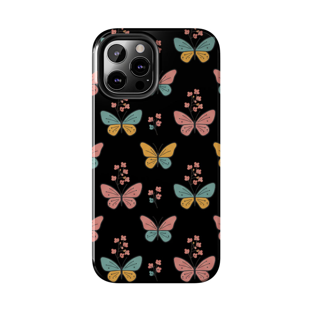 Butterfly Pattern Tough Phone Case — Pastel Butterflies on Black, Protective Floral Phone Cover