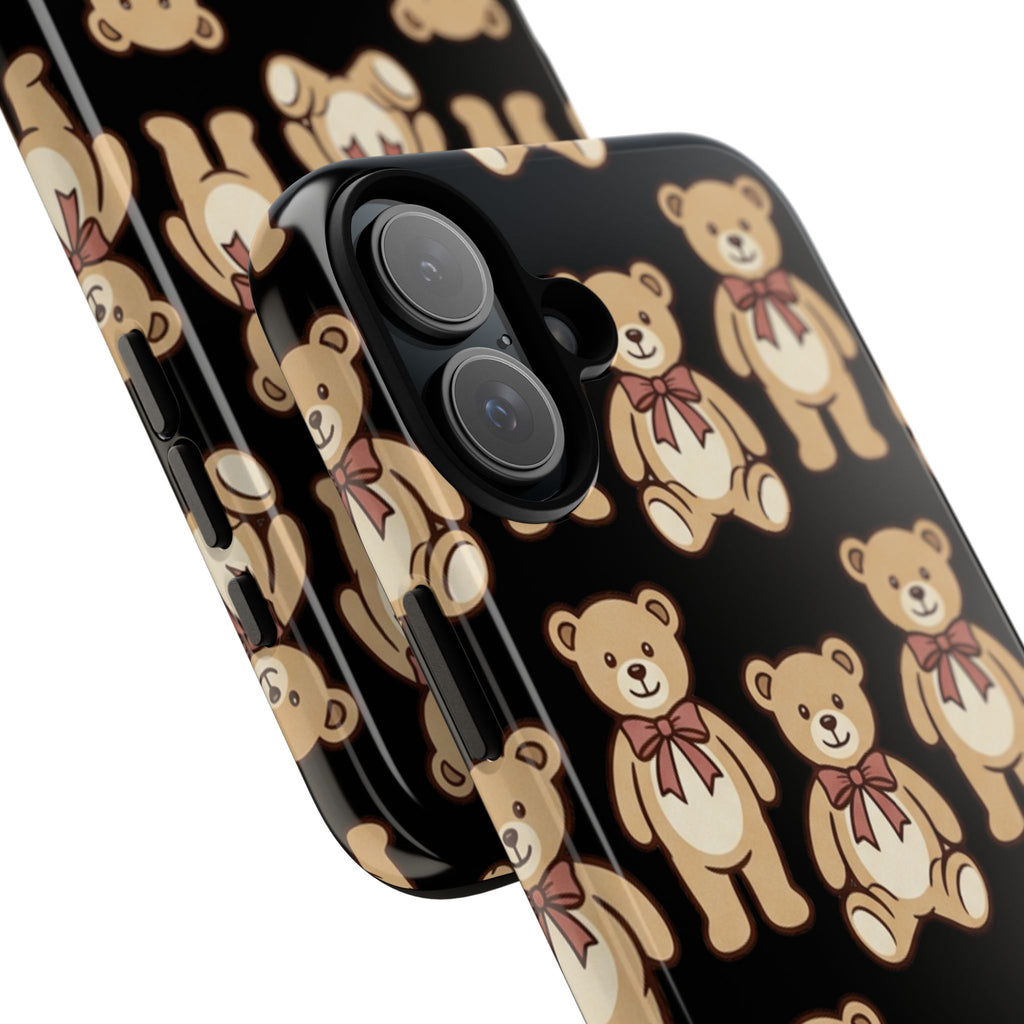 Teddy Bear Pattern Phone Case — Cute Vintage Ribbon Bears on Black