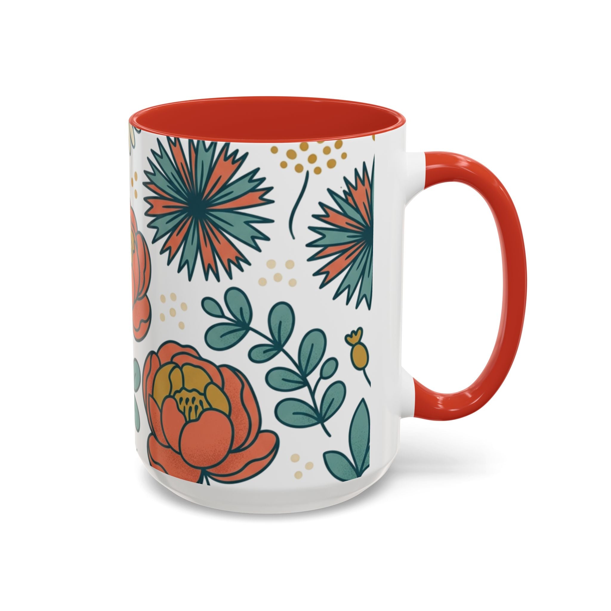 Floral Accent Coffee Mug — Orange Peony Pattern, 11/15oz