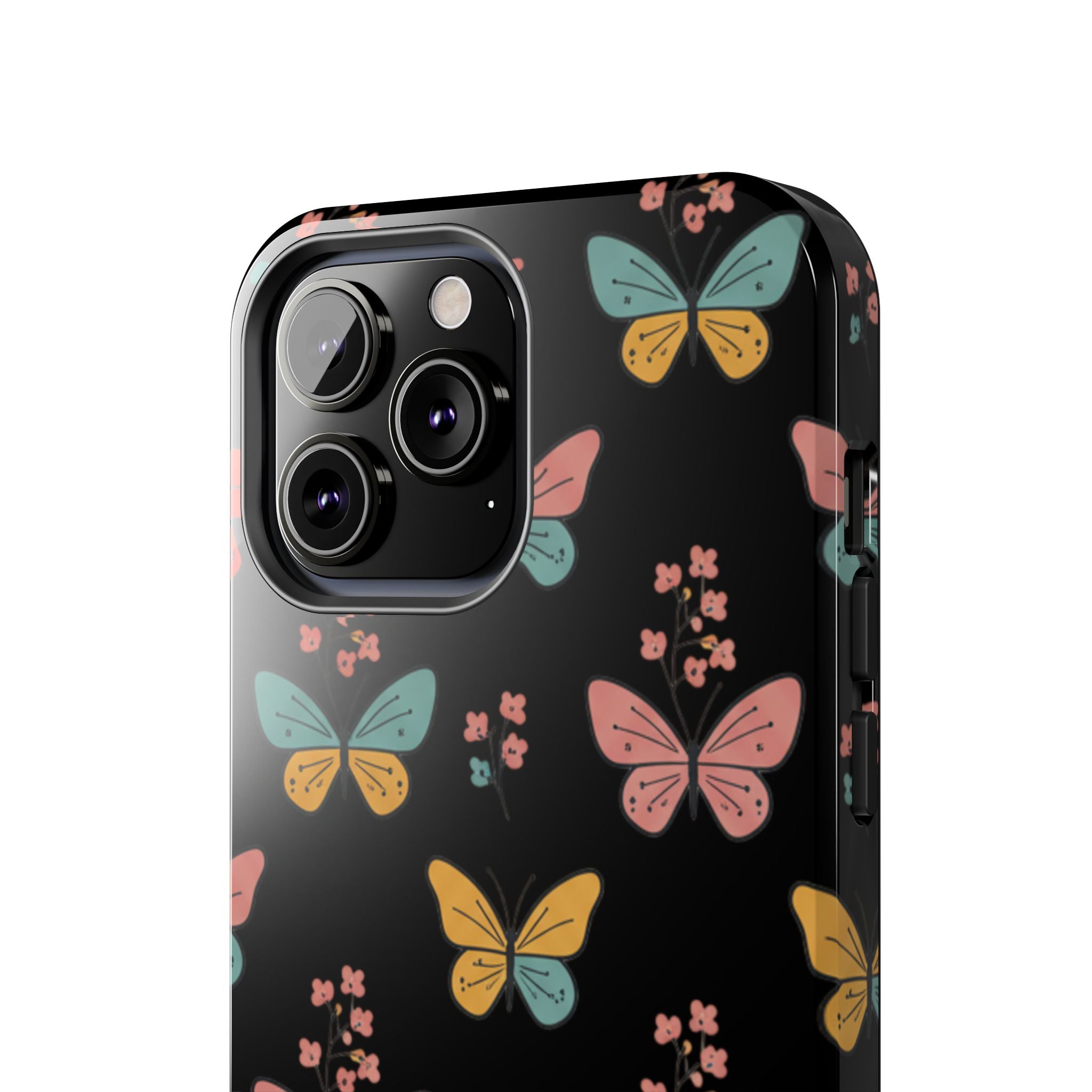 Butterfly Pattern Tough Phone Case — Pastel Butterflies on Black, Protective Floral Phone Cover