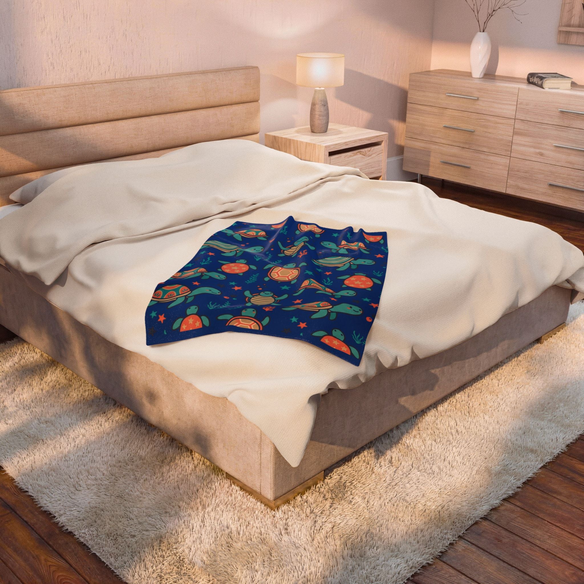 Sea Turtle Velveteen Plush Blanket — Cute Nautical Kids Throw