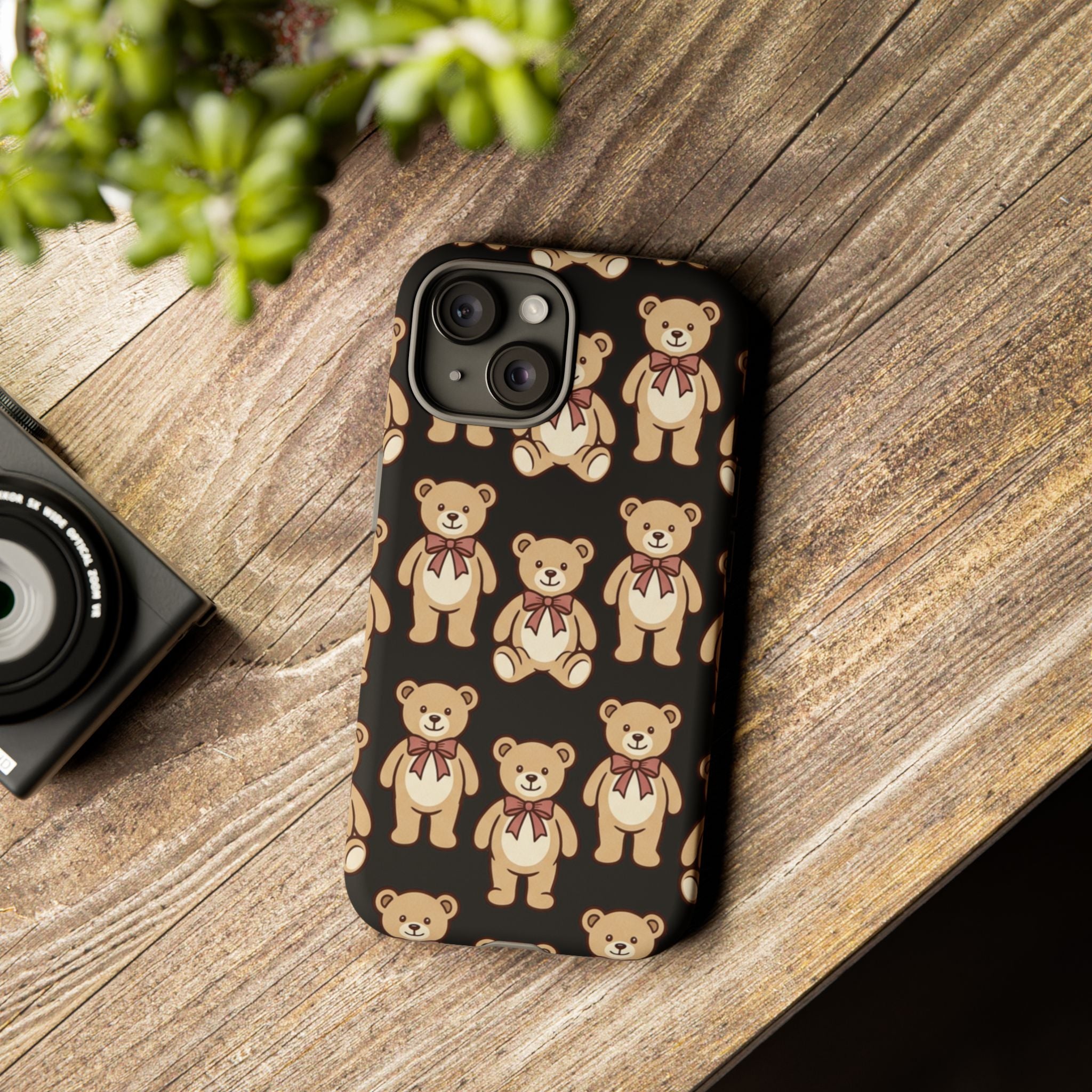 Teddy Bear Pattern Phone Case — Cute Vintage Ribbon Bears on Black