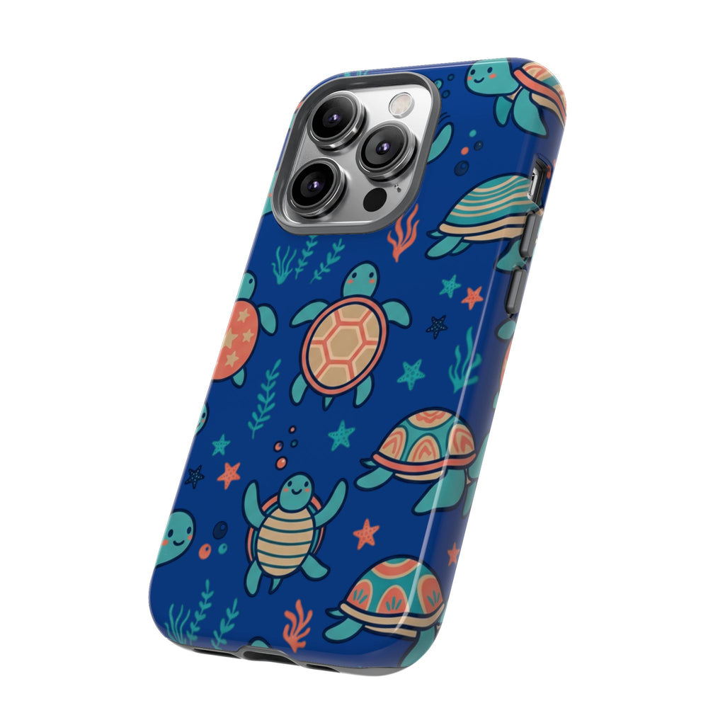 Cute Sea Turtle Phone Case — Protective Tough Case with Blue Ocean Pattern