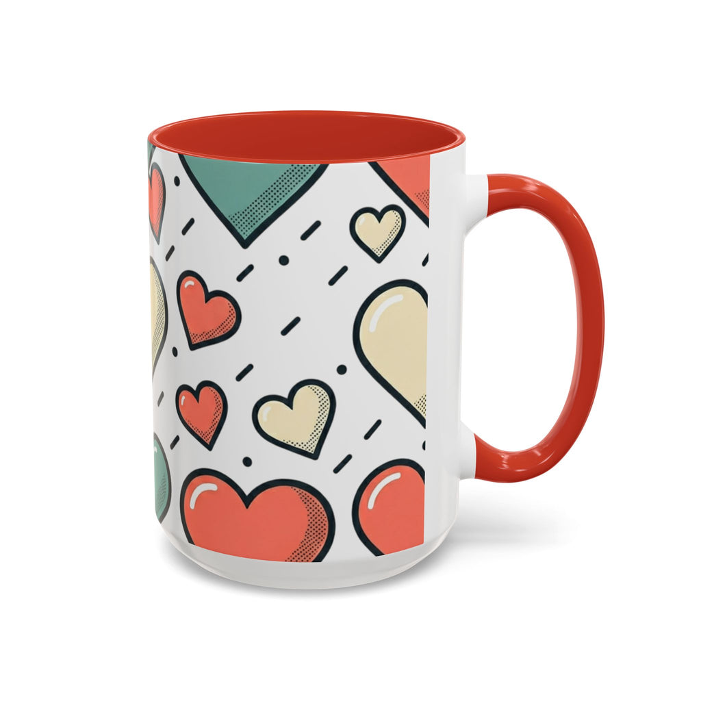 Heart Pattern Accent Coffee Mug — Cute Colorful Hearts Design (11/15 oz)