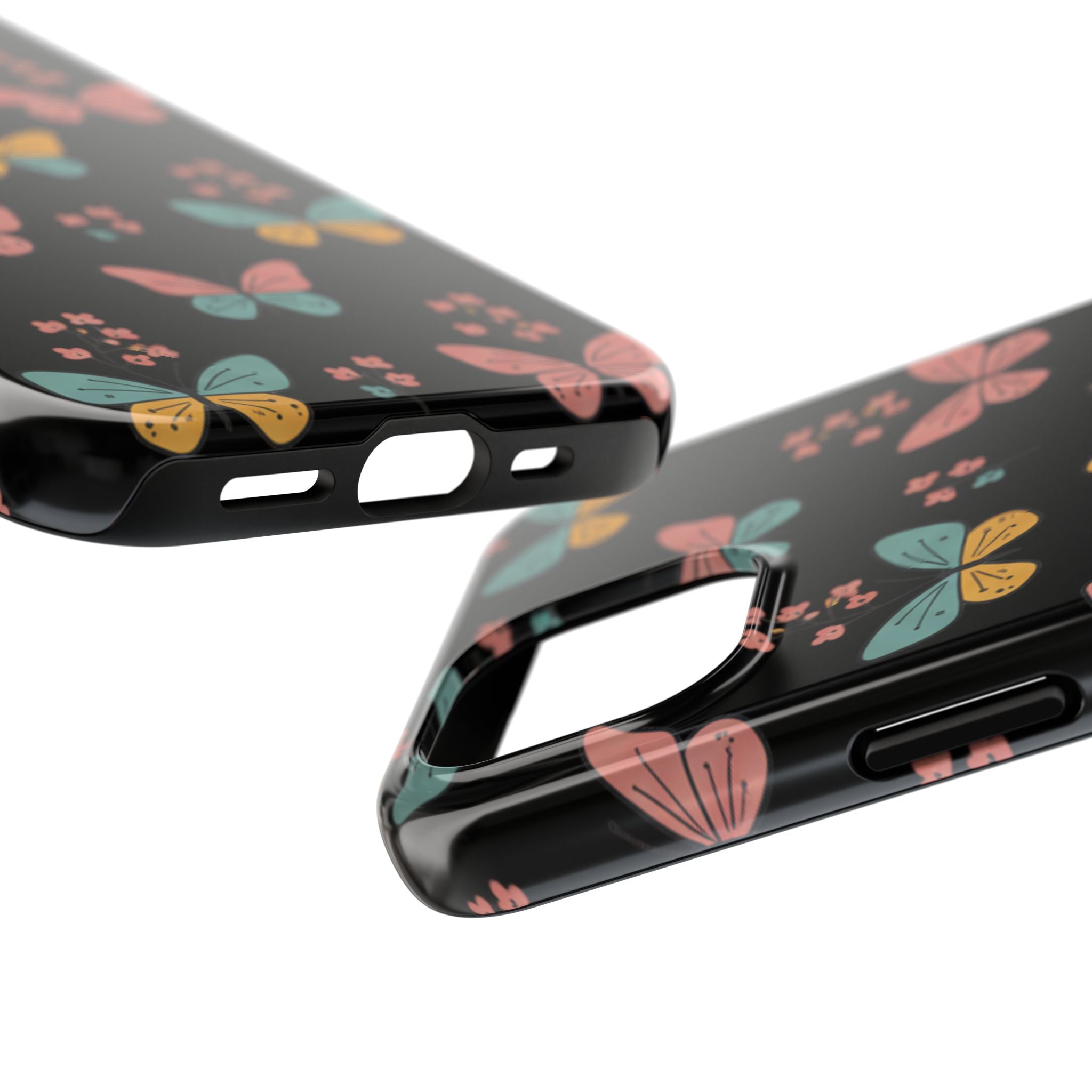 Butterfly Pattern Tough Phone Case — Pastel Butterflies on Black, Protective Floral Phone Cover