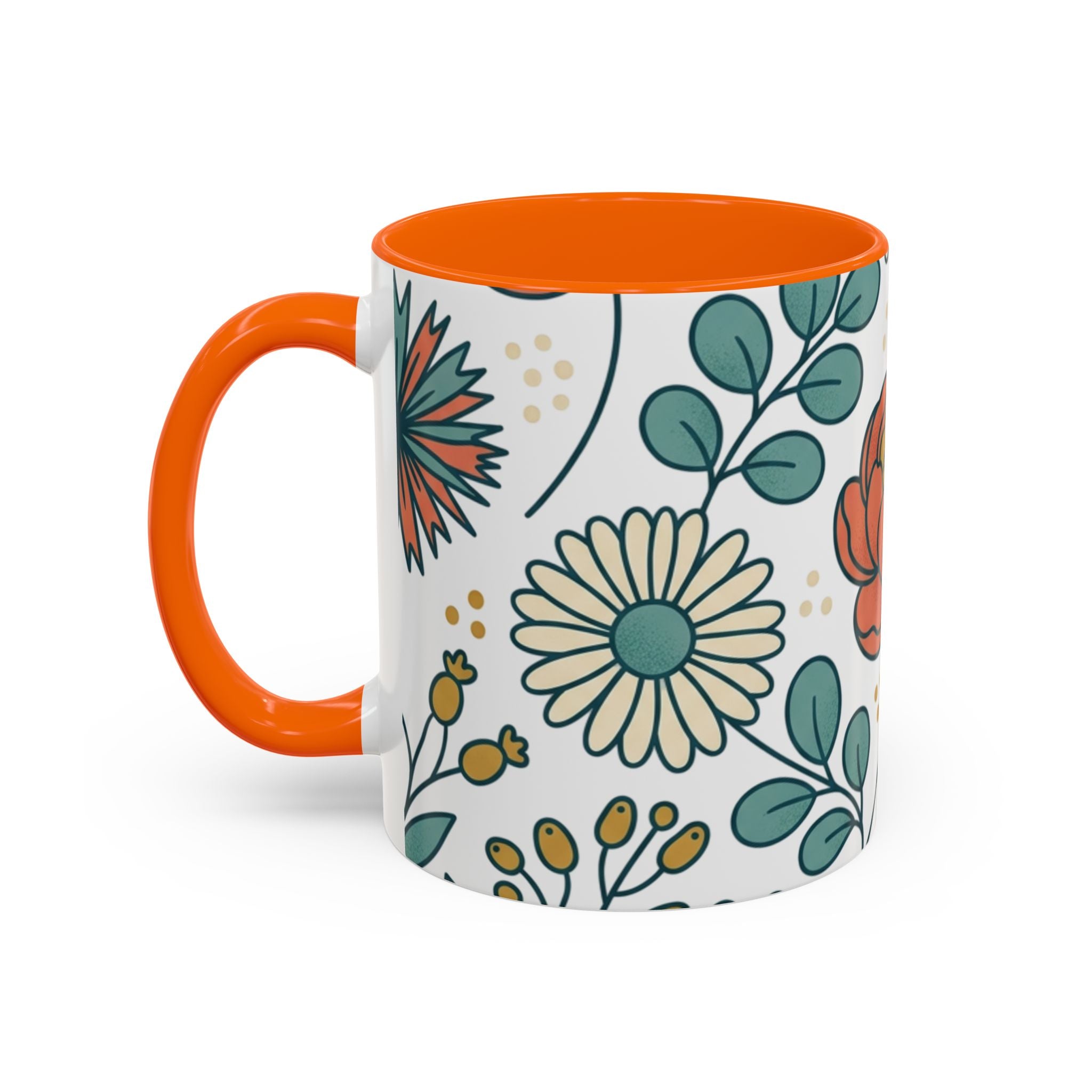 Floral Accent Coffee Mug — Orange Peony Pattern, 11/15oz