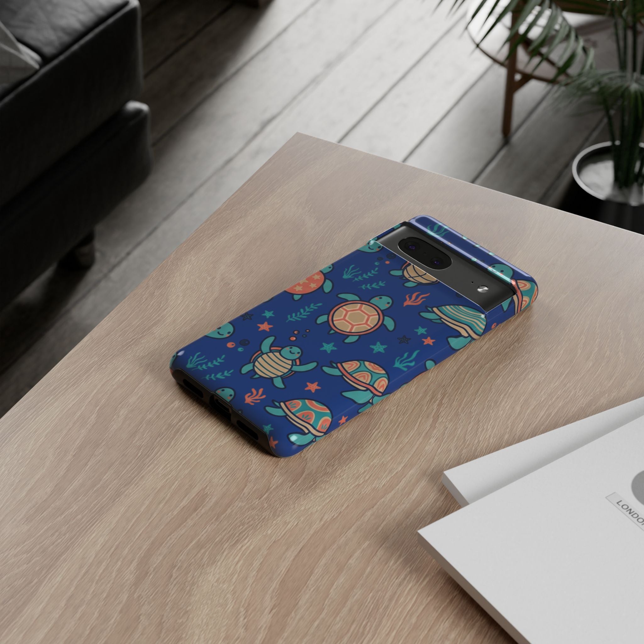 Cute Sea Turtle Phone Case — Protective Tough Case with Blue Ocean Pattern