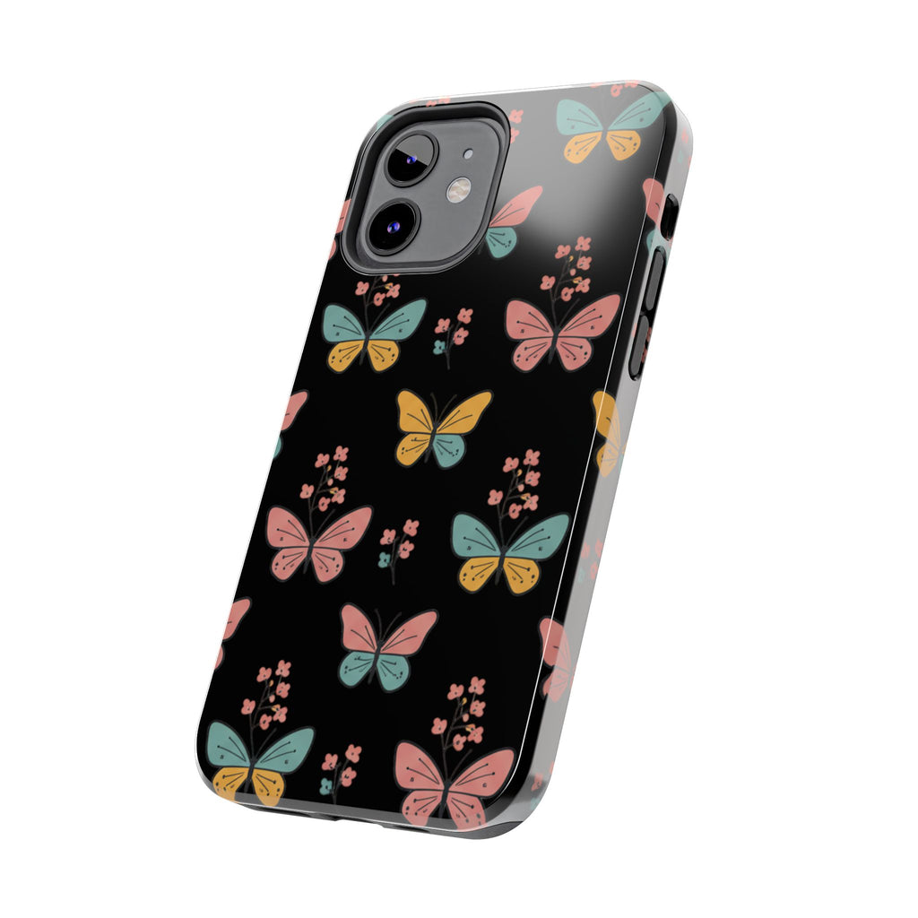 Butterfly Pattern Tough Phone Case — Pastel Butterflies on Black, Protective Floral Phone Cover