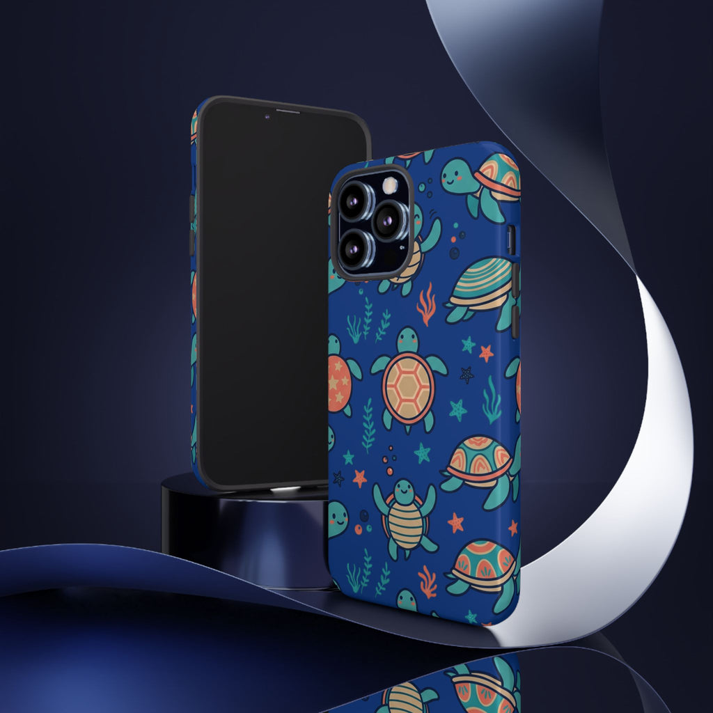 Cute Sea Turtle Phone Case — Protective Tough Case with Blue Ocean Pattern