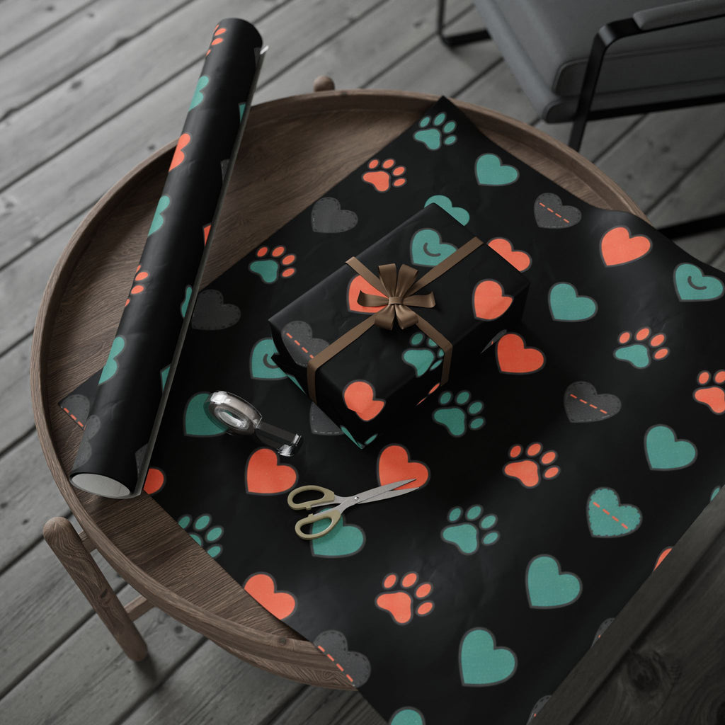Heart Pattern Wrapping Paper Roll — Black Background with Teal & Coral Hearts, Gift Wrap for Valentine’s, Anniversaries, & Birthdays