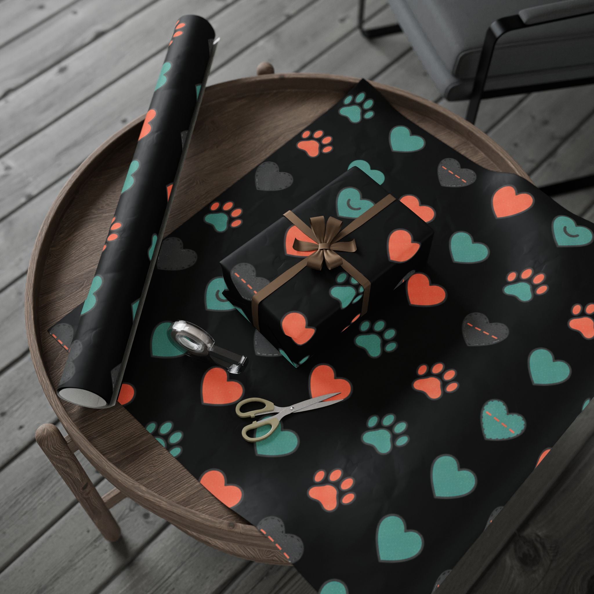 Heart Pattern Wrapping Paper Roll — Black Background with Teal & Coral Hearts, Gift Wrap for Valentine’s, Anniversaries, & Birthdays