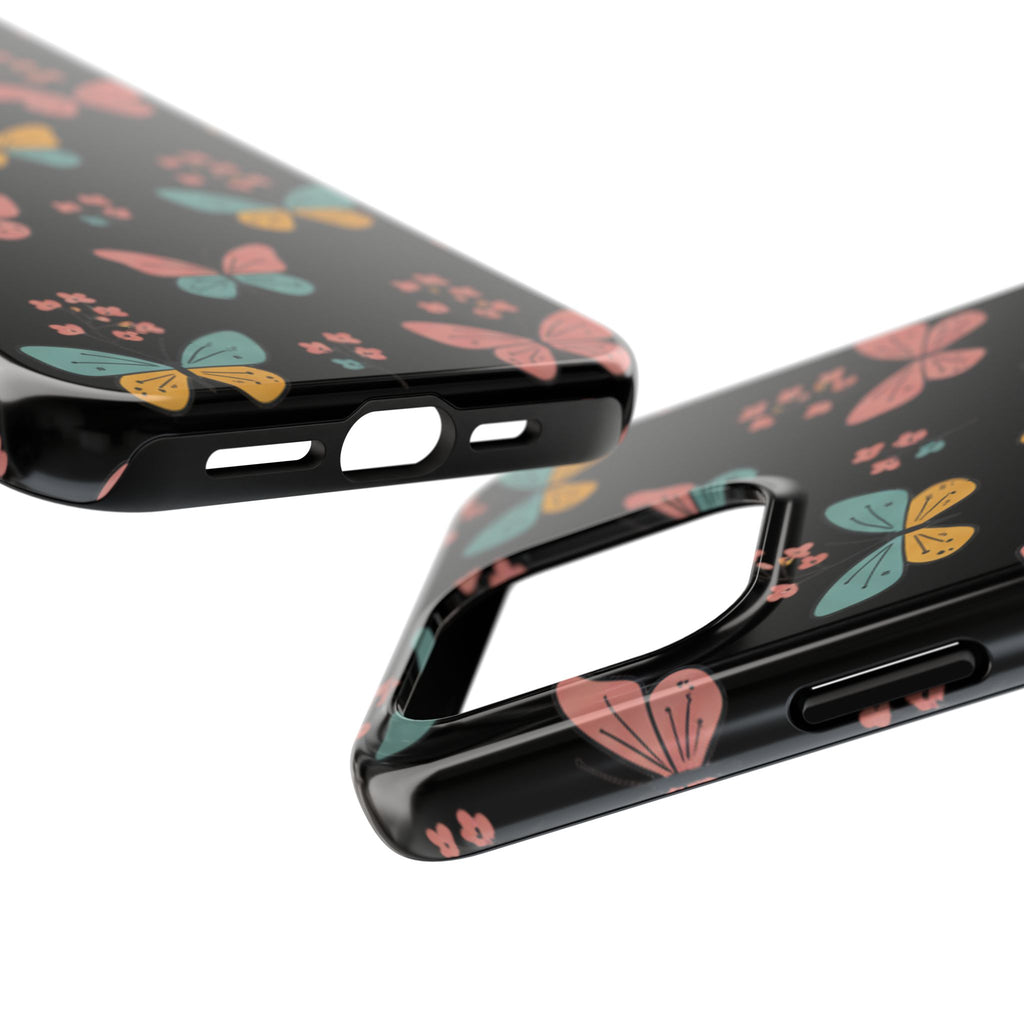 Butterfly Pattern Tough Phone Case — Pastel Butterflies on Black, Protective Floral Phone Cover