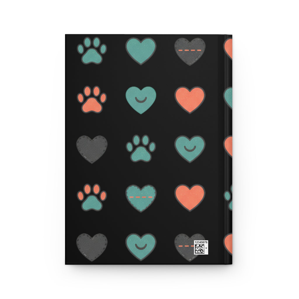 Cute Paw & Heart Hardcover Journal — Black Matte Pet Lover Notebook