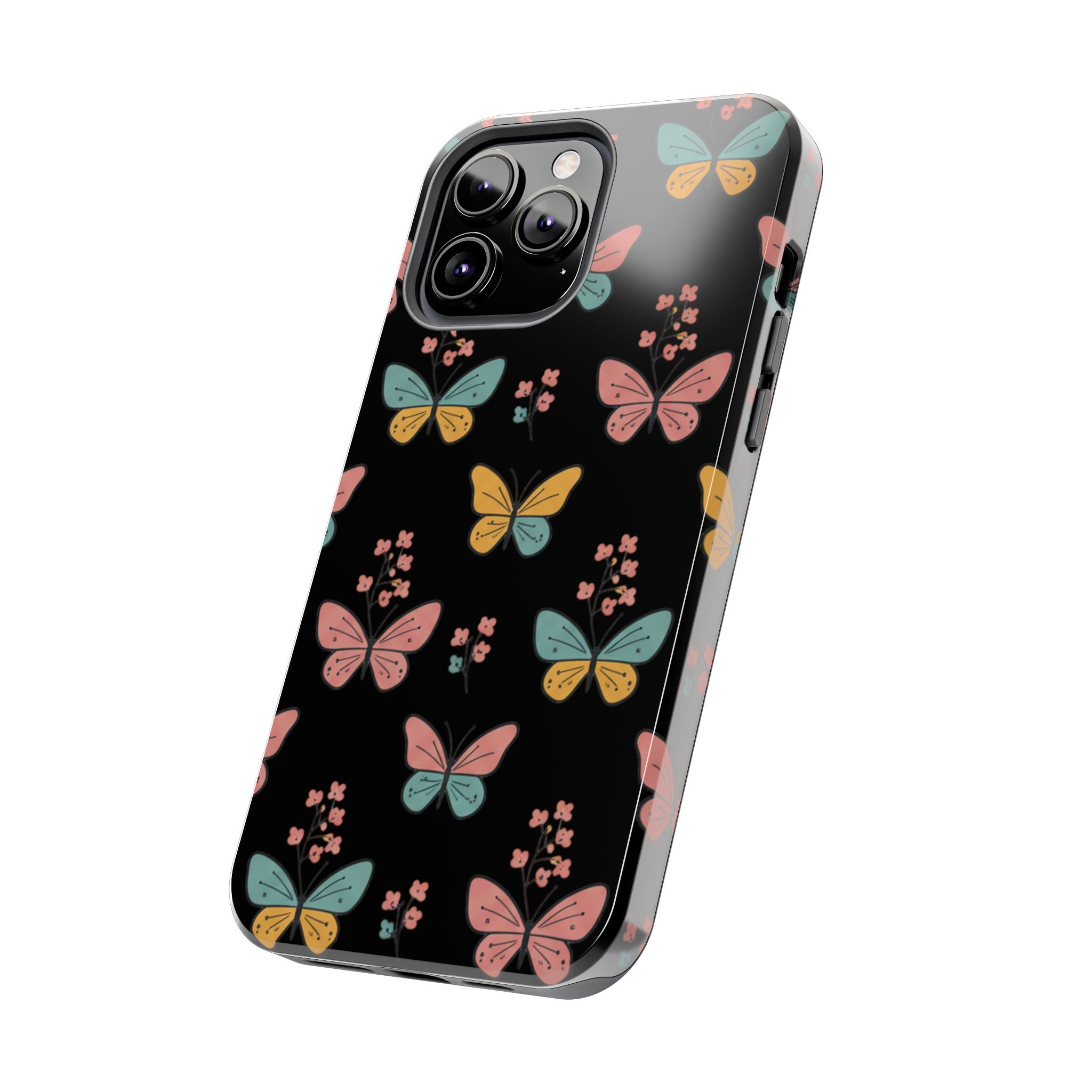 Butterfly Pattern Tough Phone Case — Pastel Butterflies on Black, Protective Floral Phone Cover