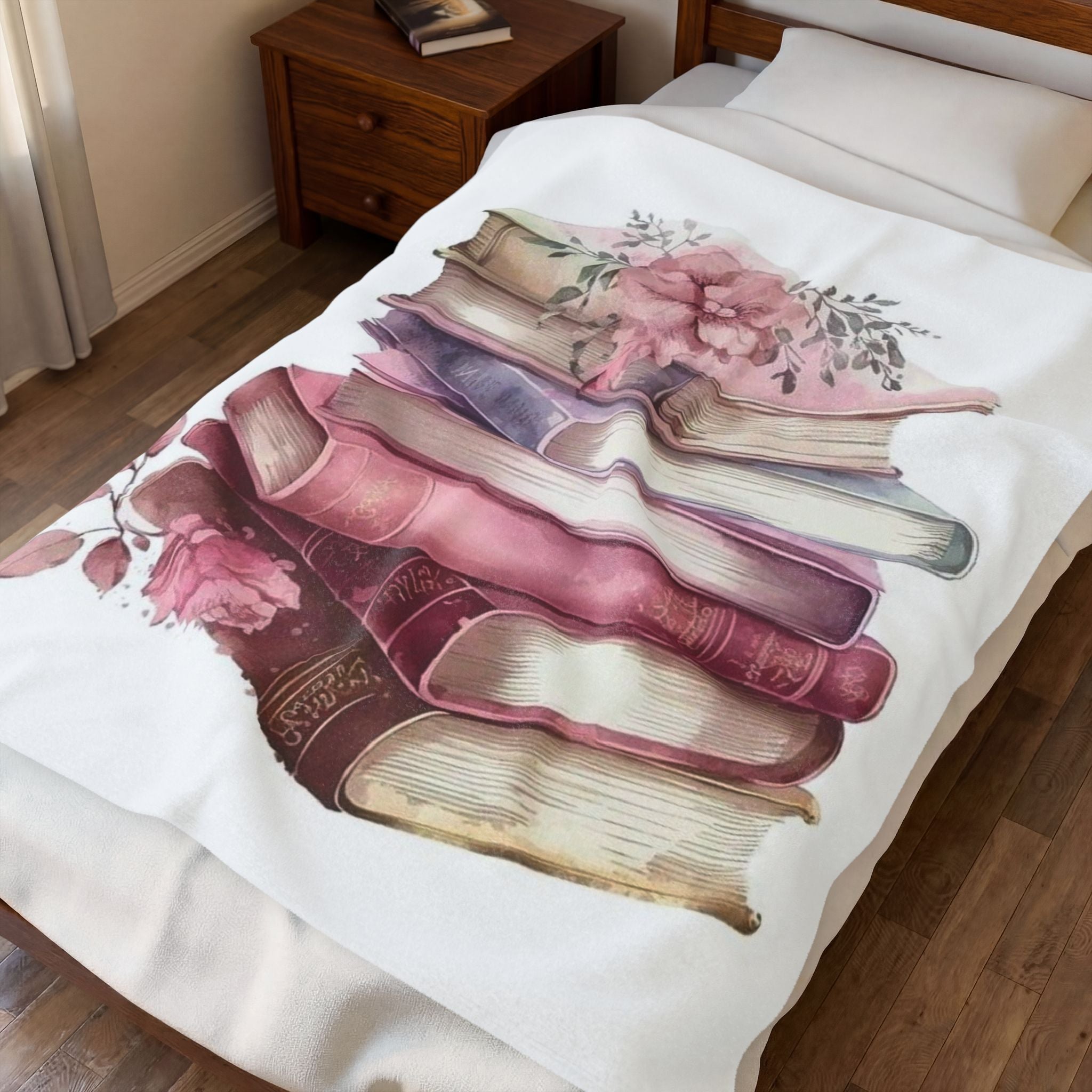 Velveteen Plush Blanket — Vintage Stacked Books Floral Throw for Book Lovers