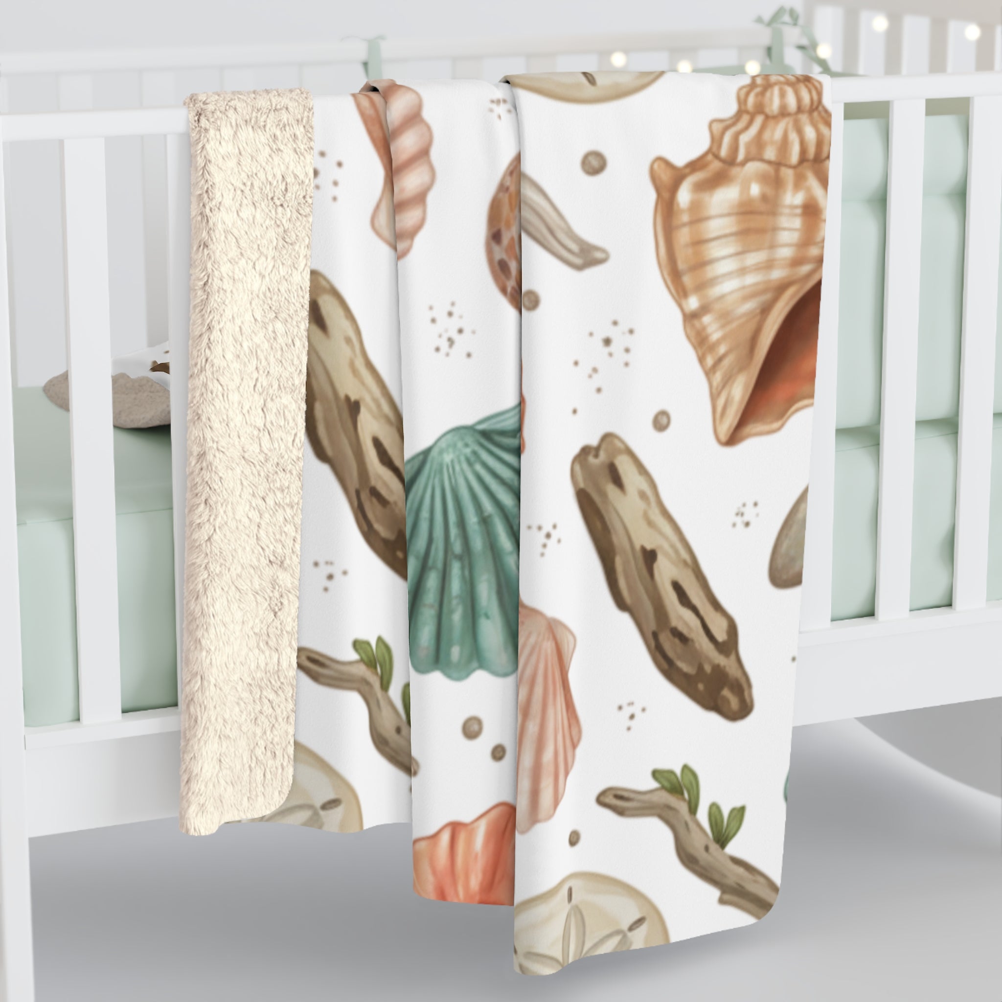 Seashell Sherpa Fleece Blanket – Cozy Nautical Beach Throw