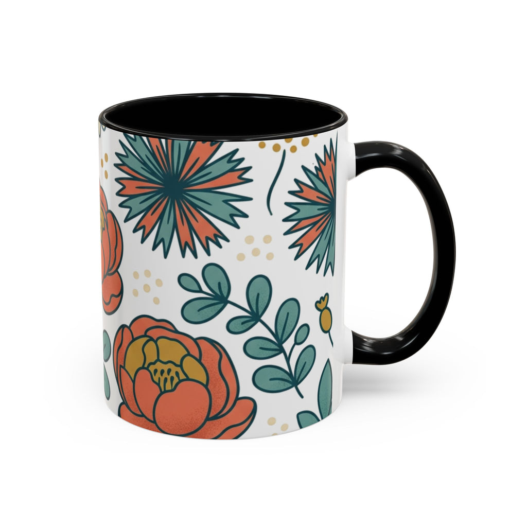 Floral Accent Coffee Mug — Orange Peony Pattern, 11/15oz