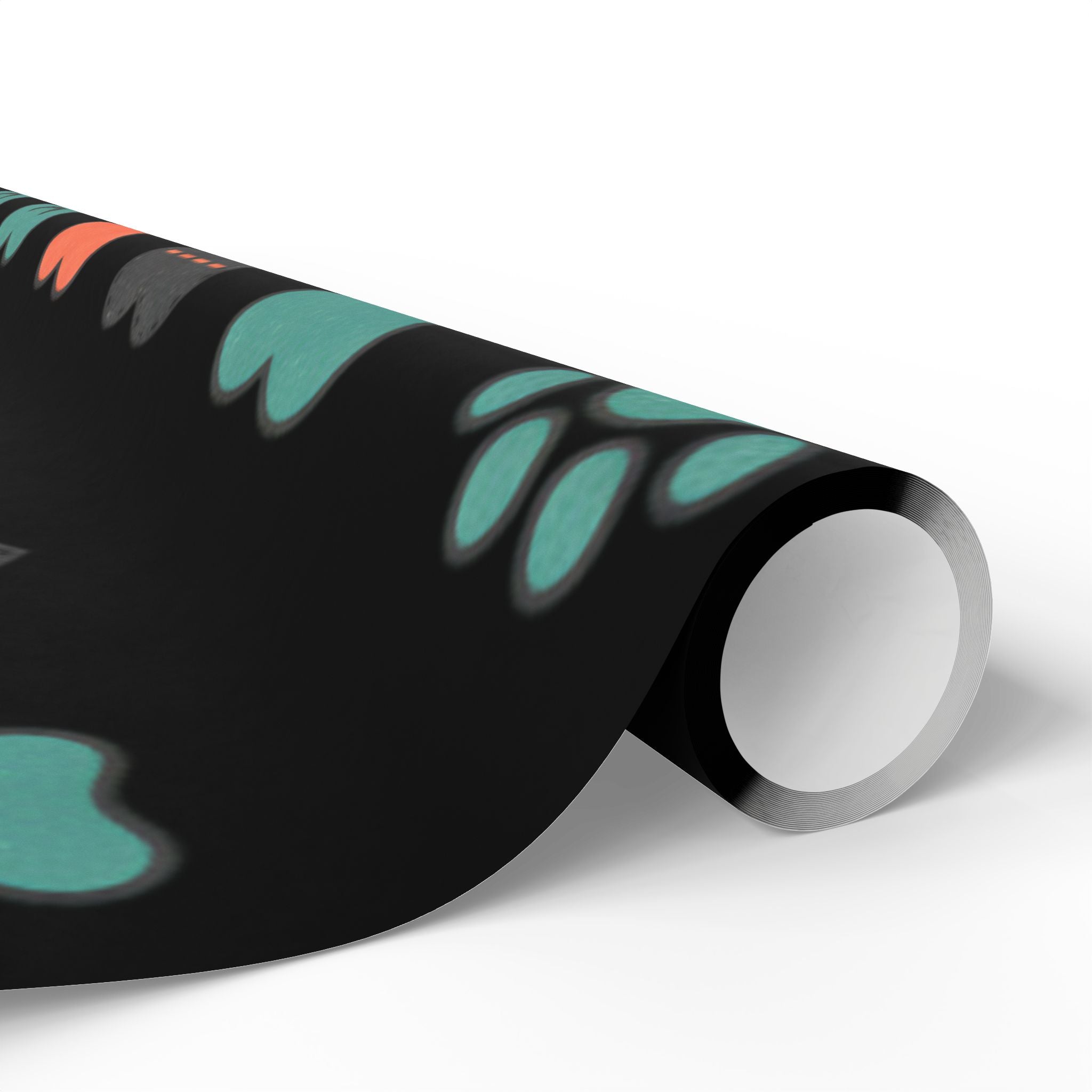 Heart Pattern Wrapping Paper Roll — Black Background with Teal & Coral Hearts, Gift Wrap for Valentine’s, Anniversaries, & Birthdays