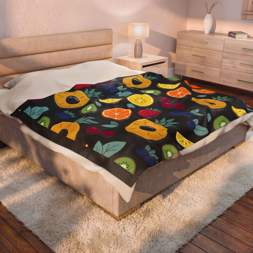 Fruit Pattern Velveteen Plush Blanket — Colorful Tropical Pineapple & Citrus Throw