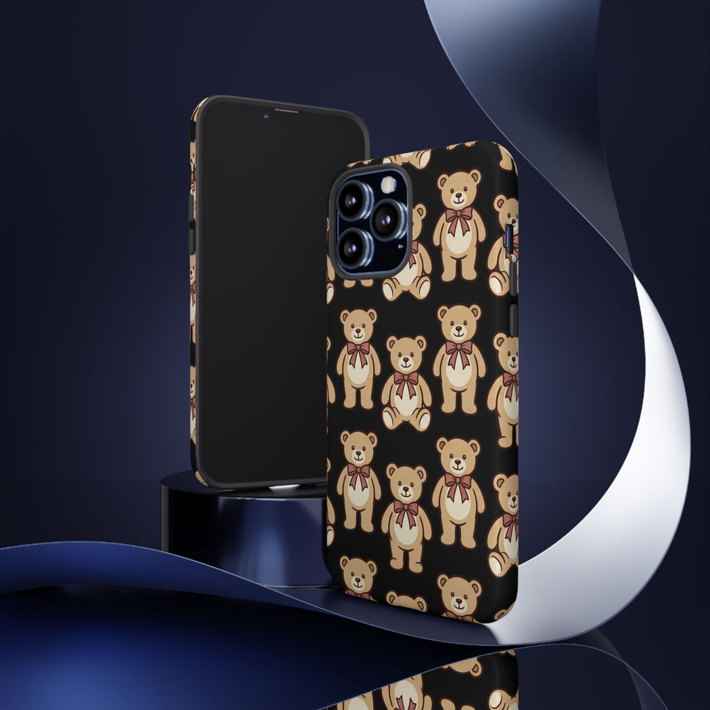 Teddy Bear Pattern Phone Case — Cute Vintage Ribbon Bears on Black