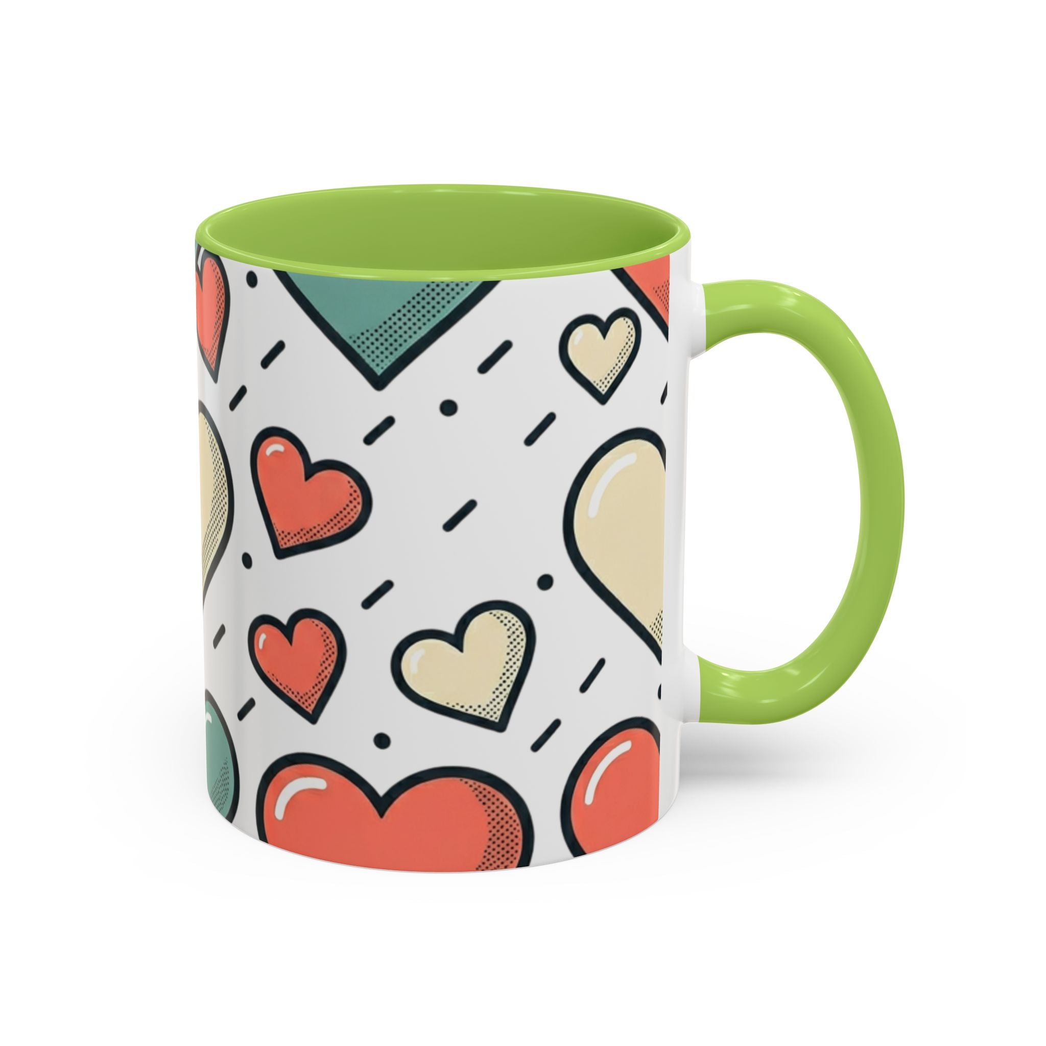 Heart Pattern Accent Coffee Mug — Cute Colorful Hearts Design (11/15 oz)