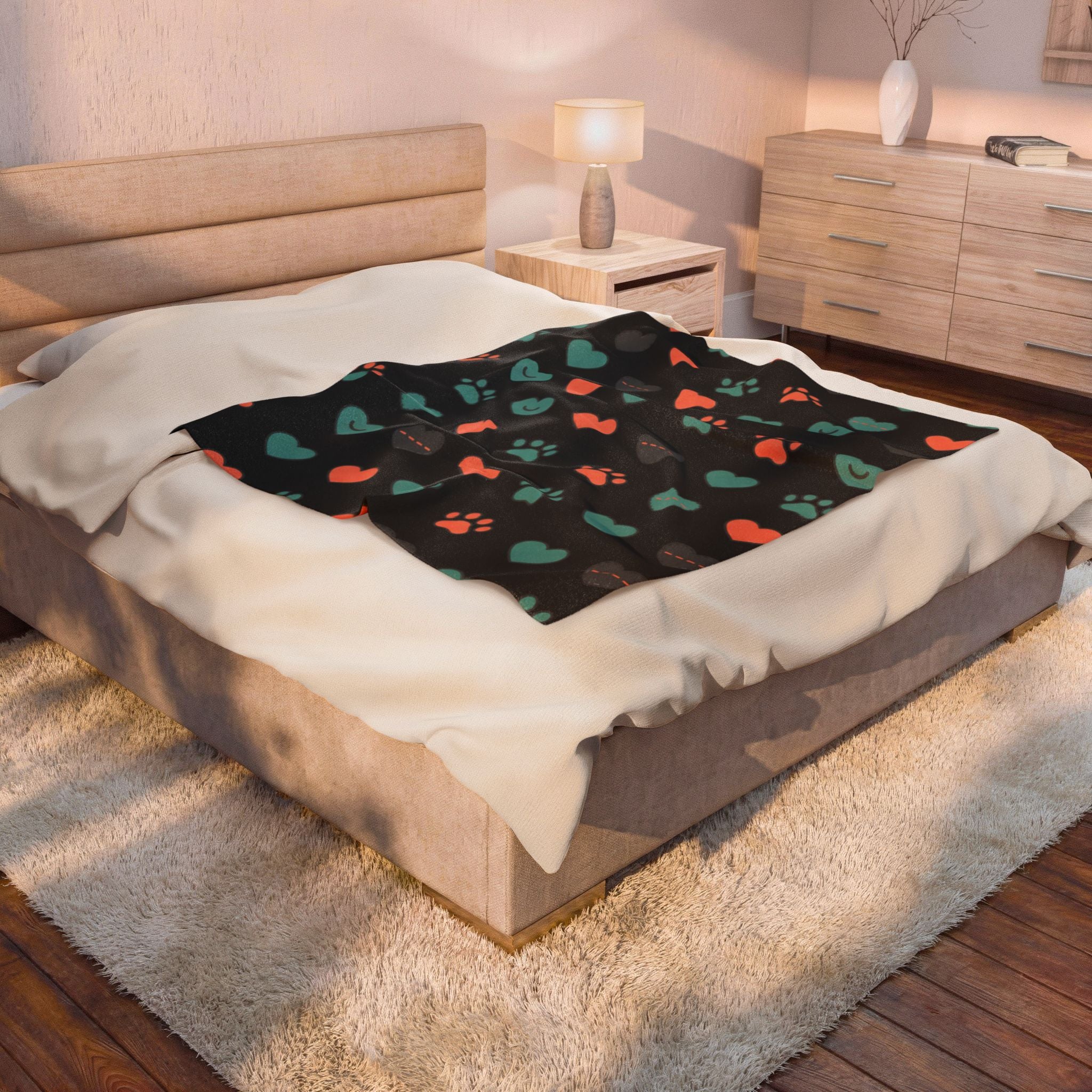 Pet Paw & Heart Velveteen Plush Blanket — Cozy Dog Lover Throw
