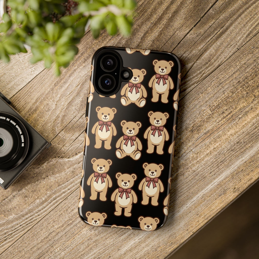 Teddy Bear Pattern Phone Case — Cute Vintage Ribbon Bears on Black