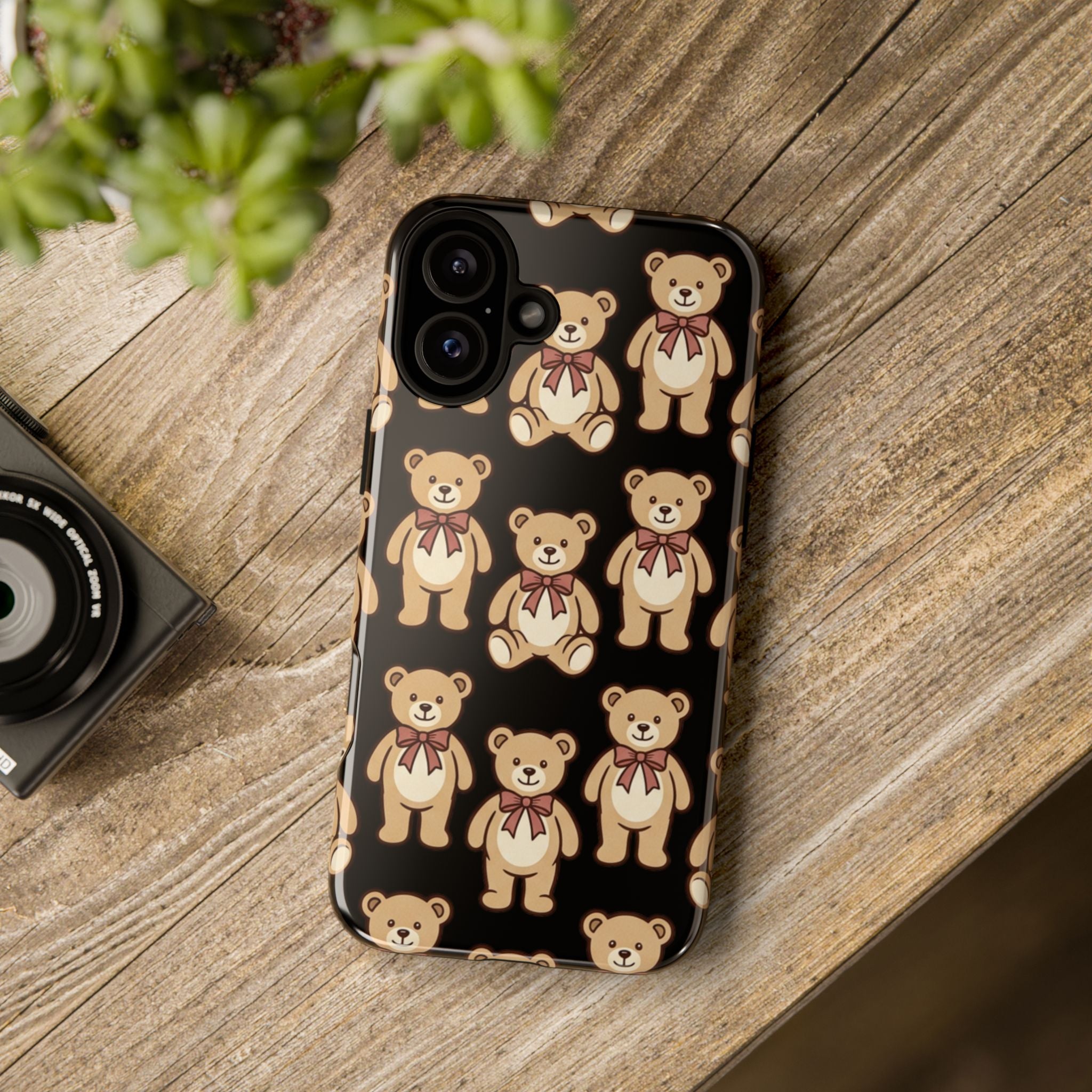 Teddy Bear Pattern Phone Case — Cute Vintage Ribbon Bears on Black