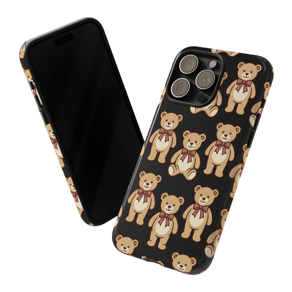 Teddy Bear Pattern Phone Case — Cute Vintage Ribbon Bears on Black