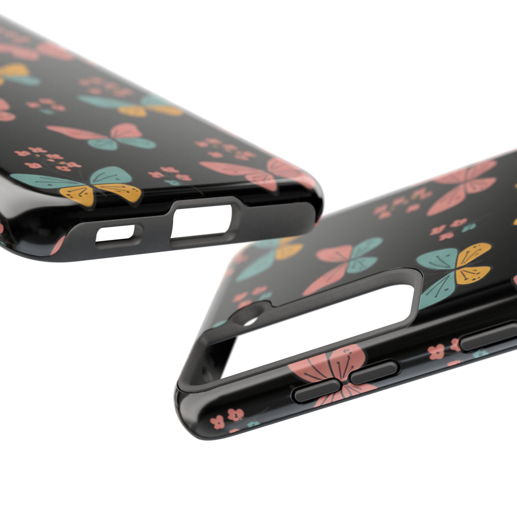 Butterfly Pattern Tough Phone Case — Pastel Butterflies on Black, Protective Floral Phone Cover