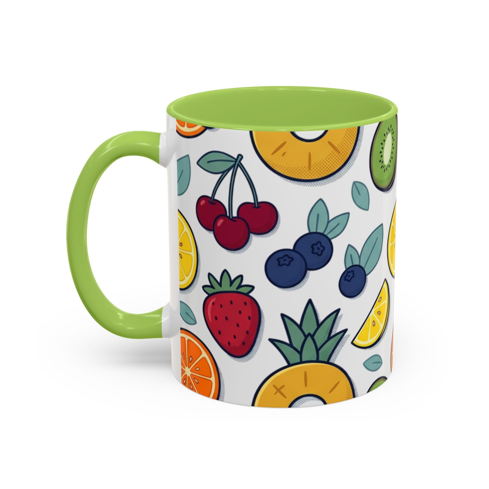 Fruit Pattern Accent Coffee Mug — Colorful Tropical Fruit Ceramic Mug (11/15oz)