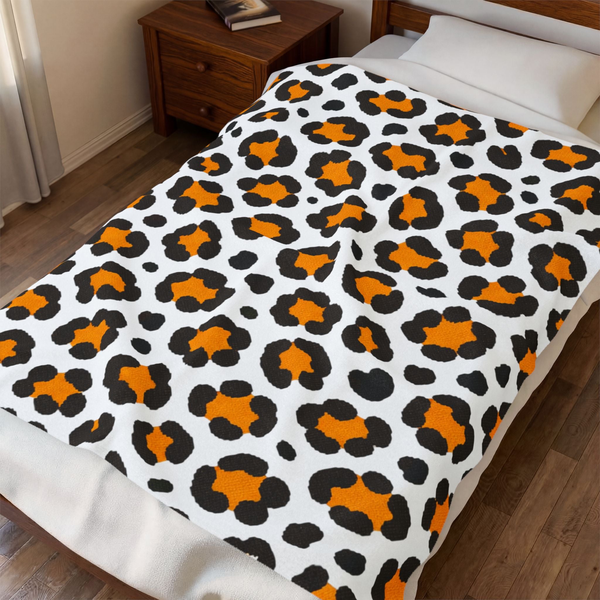 Leopard Print Velveteen Plush Blanket — Cozy Orange & Black Animal Print Throw