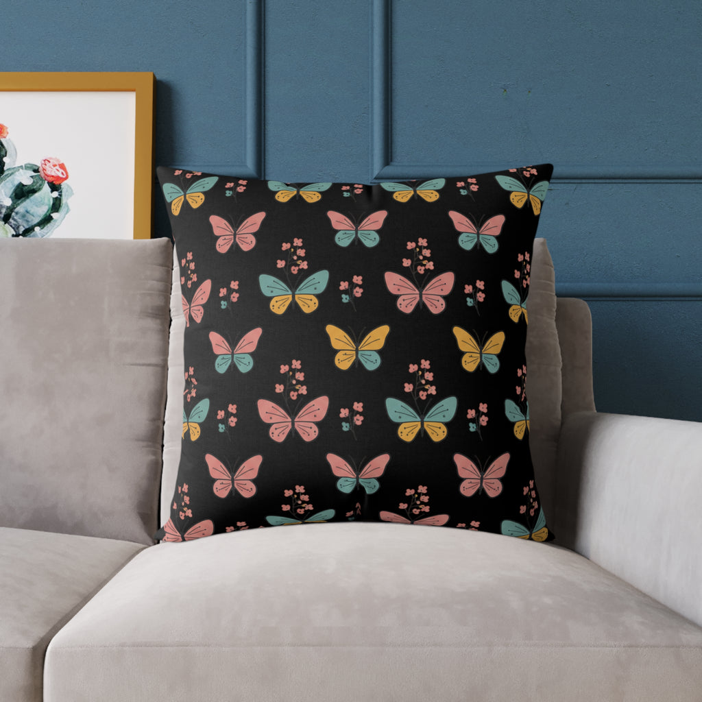 Butterfly Pattern Square Throw Pillow — Colorful Butterflies on Black Decorative Cushion