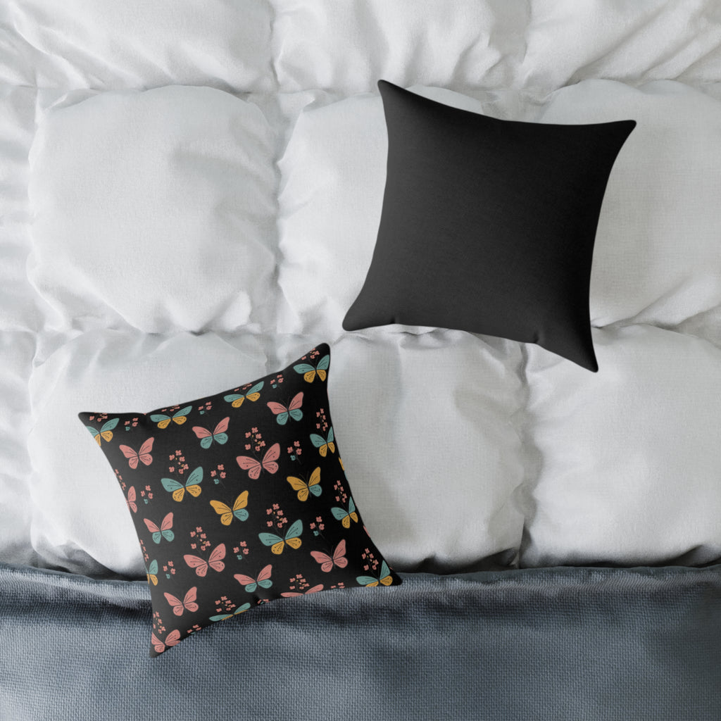 Butterfly Pattern Square Throw Pillow — Colorful Butterflies on Black Decorative Cushion
