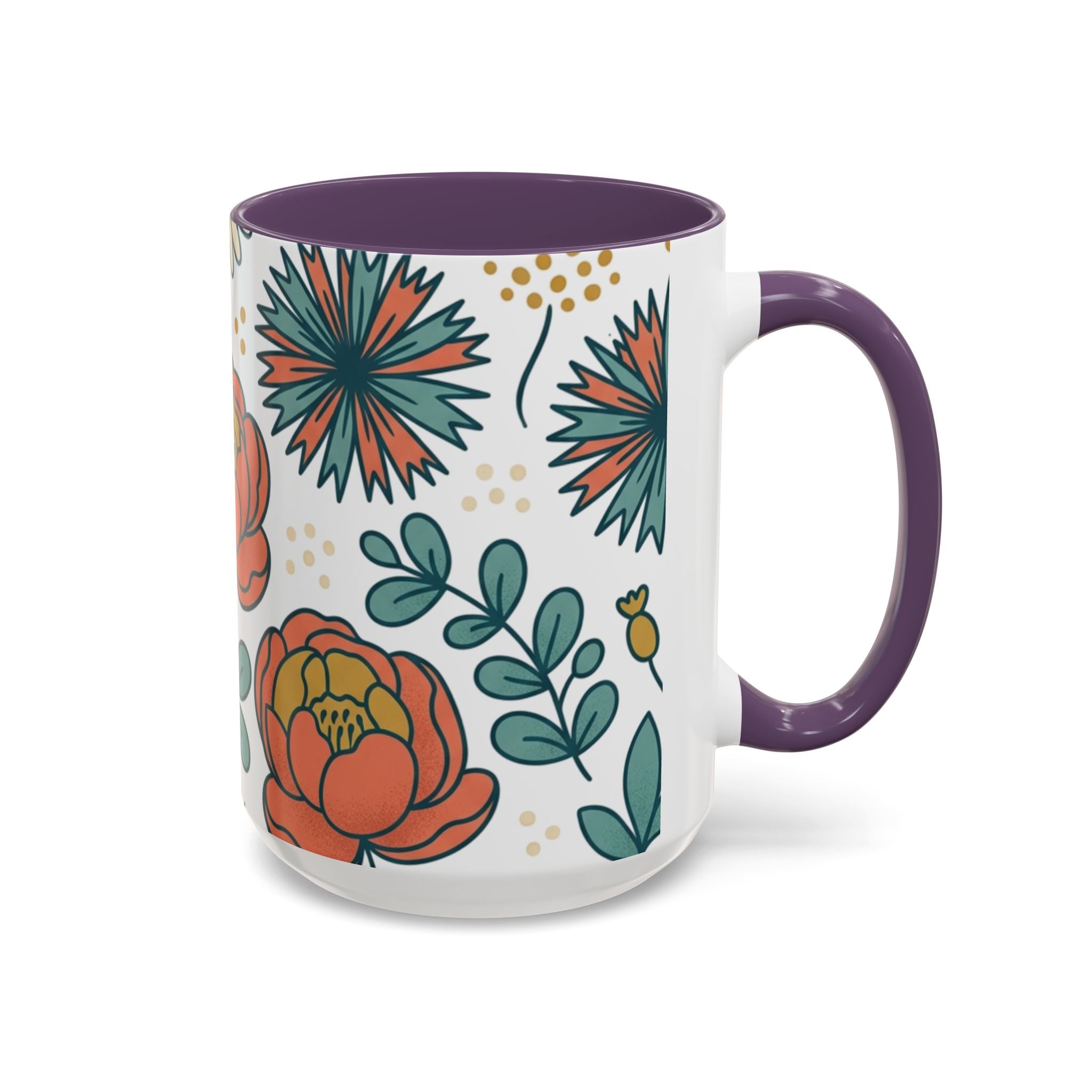 Floral Accent Coffee Mug — Orange Peony Pattern, 11/15oz