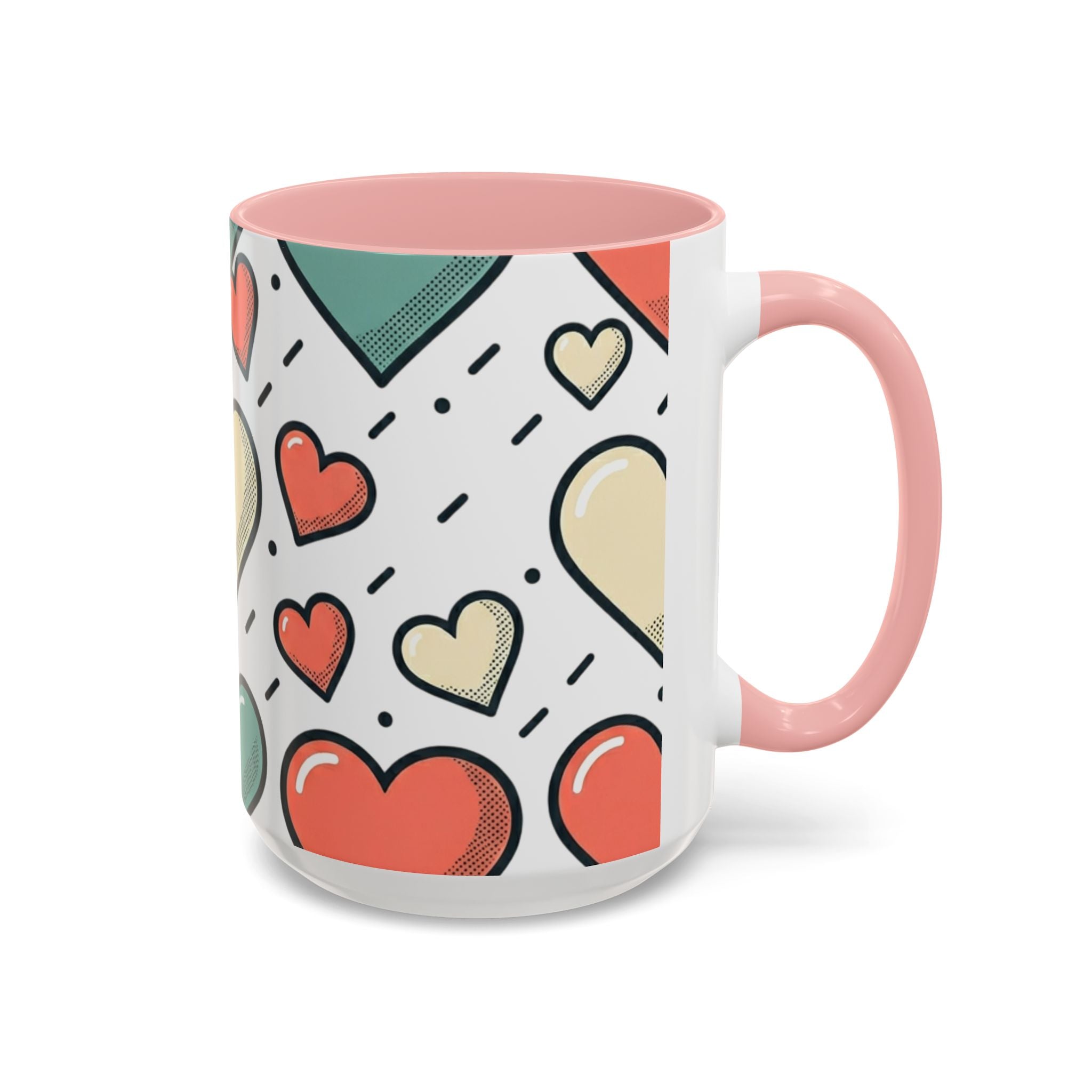 Heart Pattern Accent Coffee Mug — Cute Colorful Hearts Design (11/15 oz)