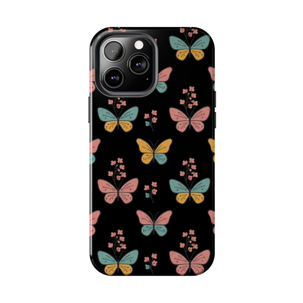 Butterfly Pattern Tough Phone Case — Pastel Butterflies on Black, Protective Floral Phone Cover