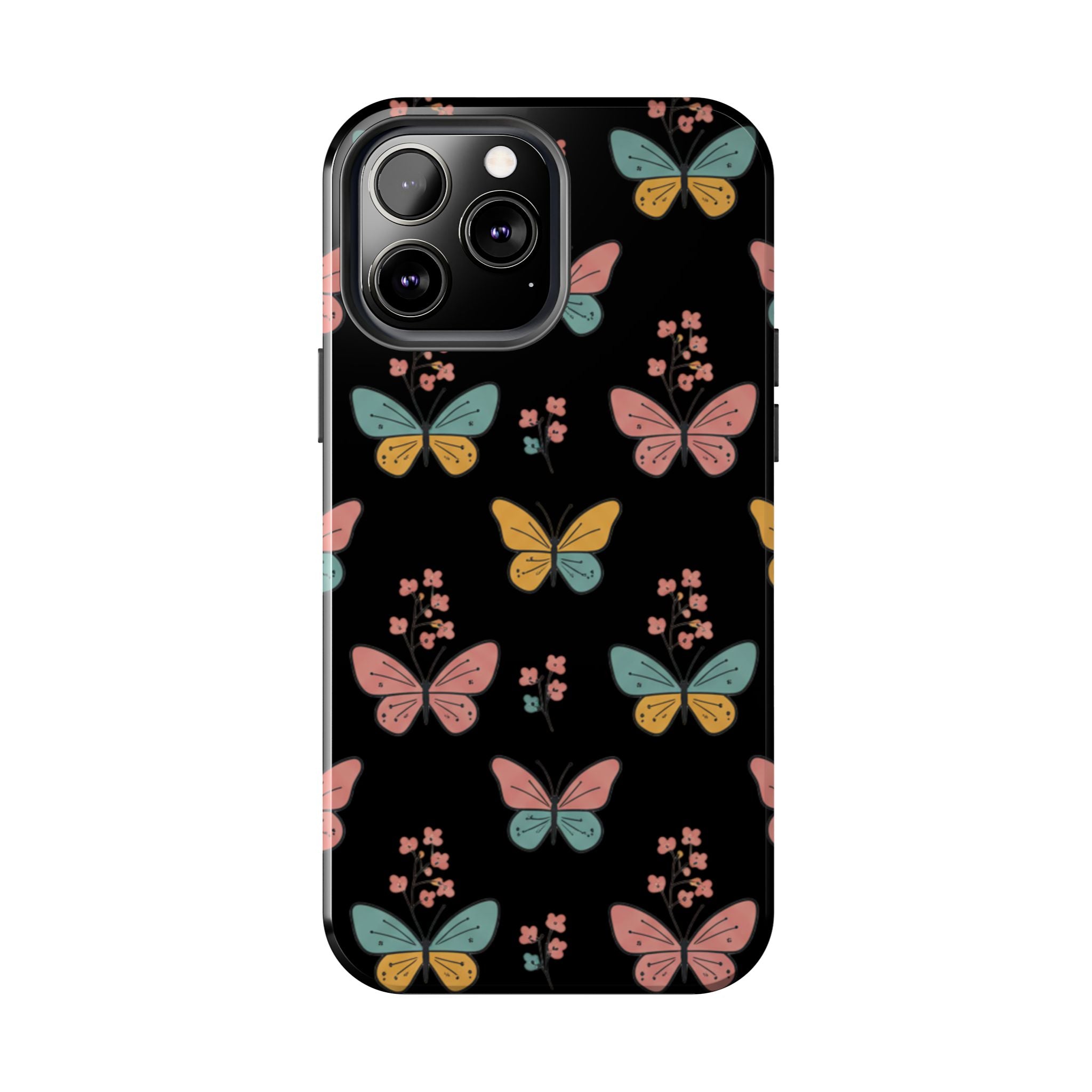 Butterfly Pattern Tough Phone Case — Pastel Butterflies on Black, Protective Floral Phone Cover
