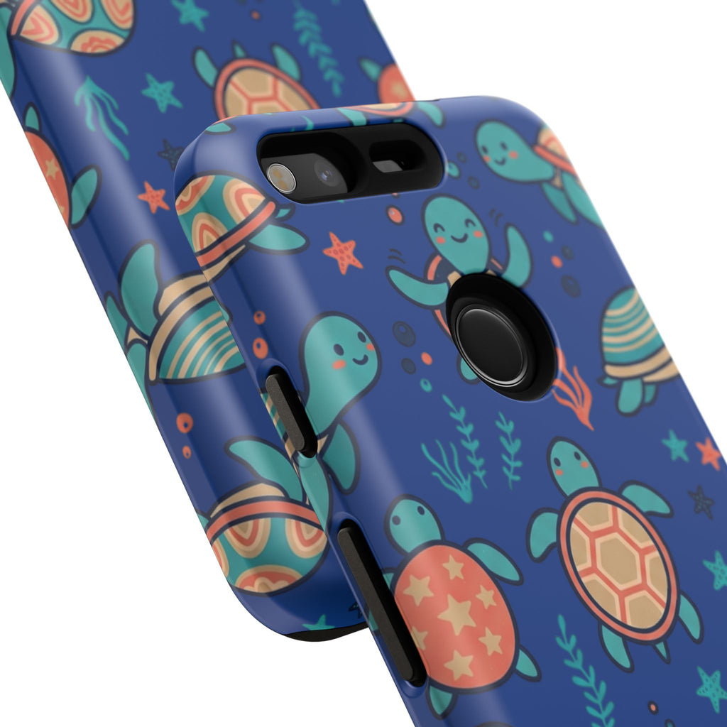 Cute Sea Turtle Phone Case — Protective Tough Case with Blue Ocean Pattern