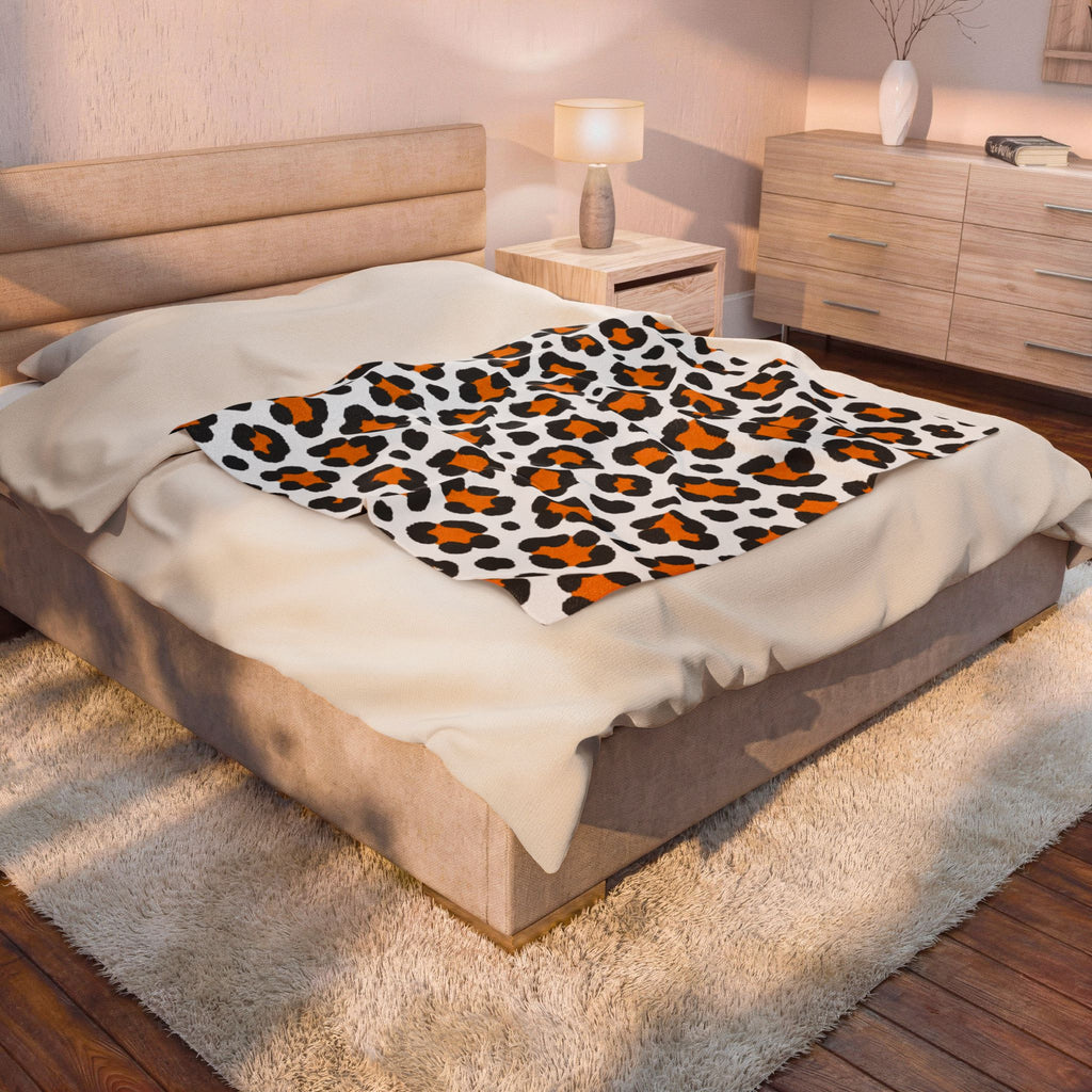 Leopard Print Velveteen Plush Blanket — Cozy Orange & Black Animal Print Throw