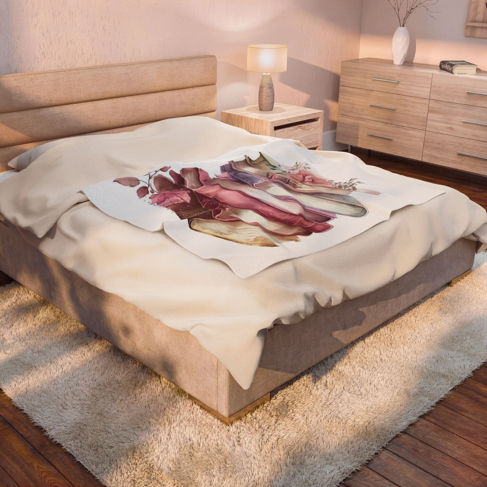 Velveteen Plush Blanket — Vintage Stacked Books Floral Throw for Book Lovers