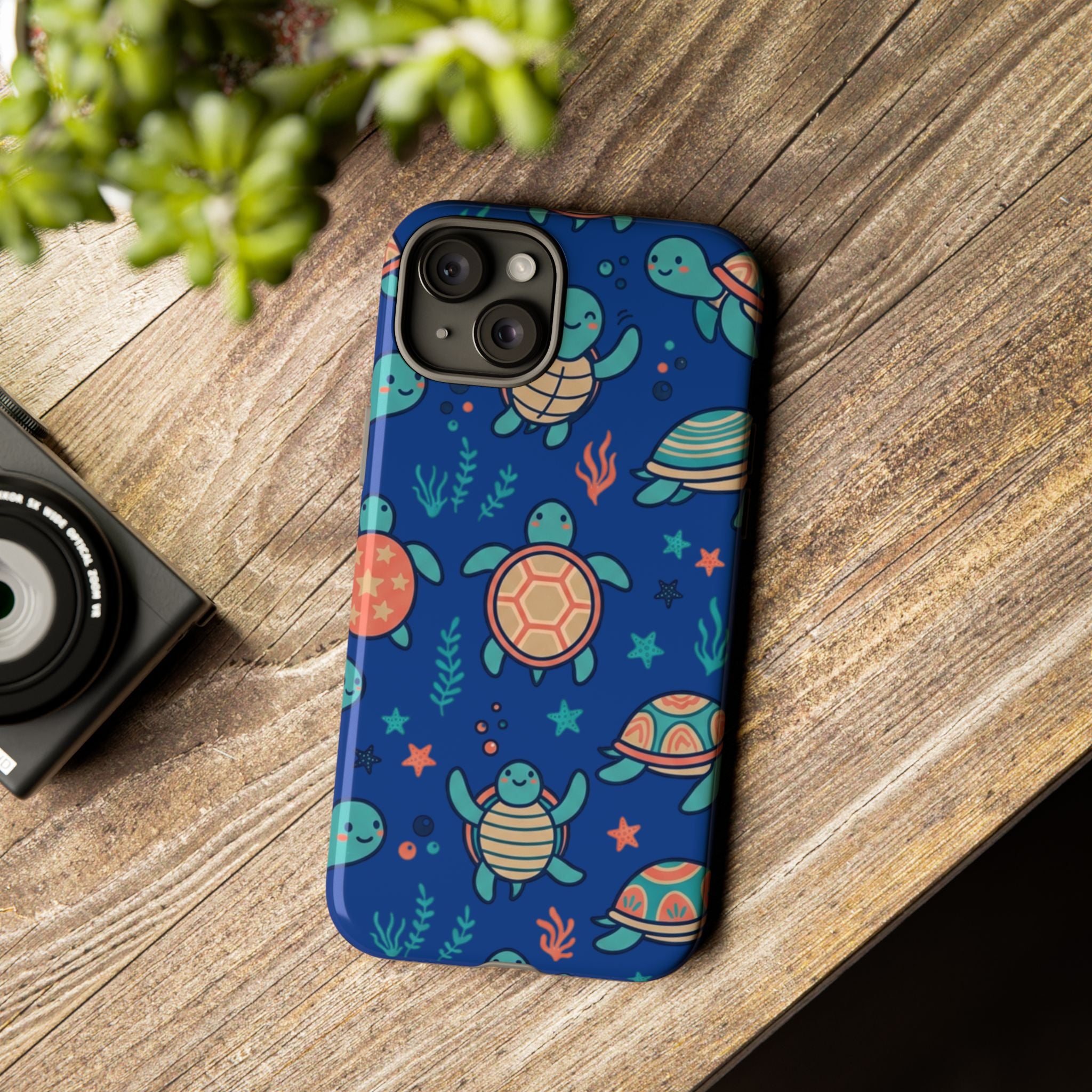 Cute Sea Turtle Phone Case — Protective Tough Case with Blue Ocean Pattern