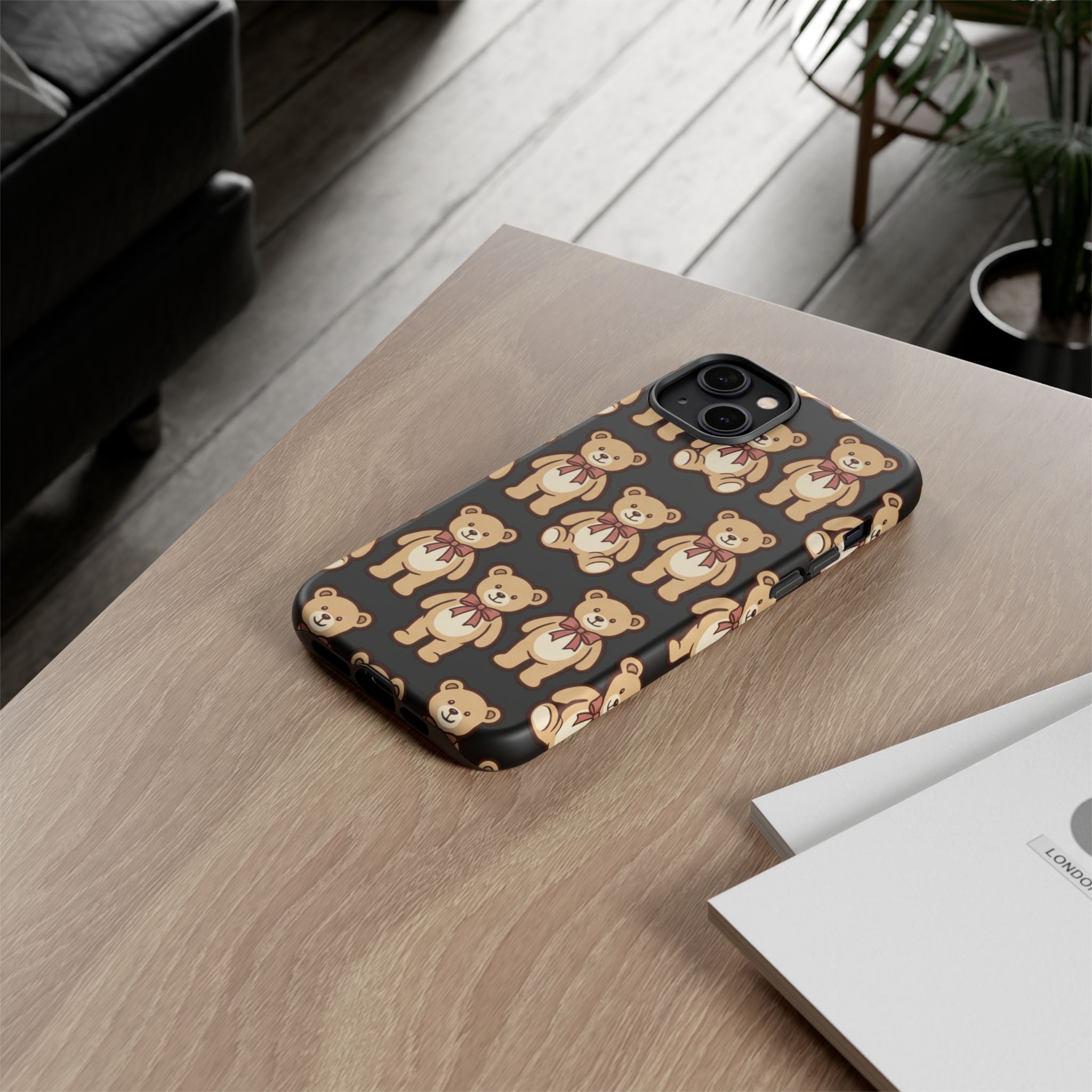 Teddy Bear Pattern Phone Case — Cute Vintage Ribbon Bears on Black