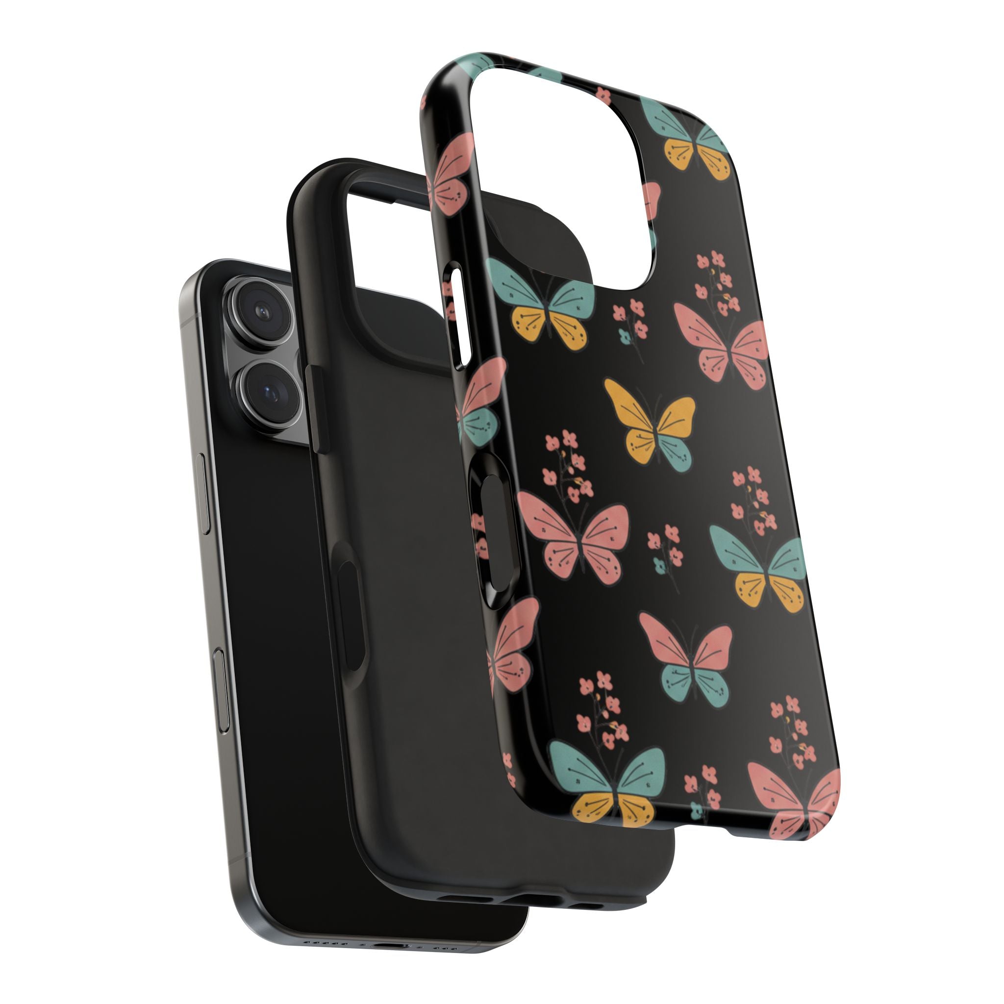 Butterfly Pattern Tough Phone Case — Pastel Butterflies on Black, Protective Floral Phone Cover